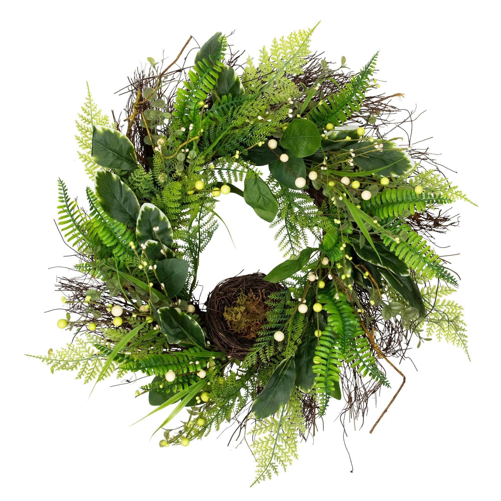 Mixed Foliage Artificial Spring Wreath With Nest Green And Brown 24 Inch