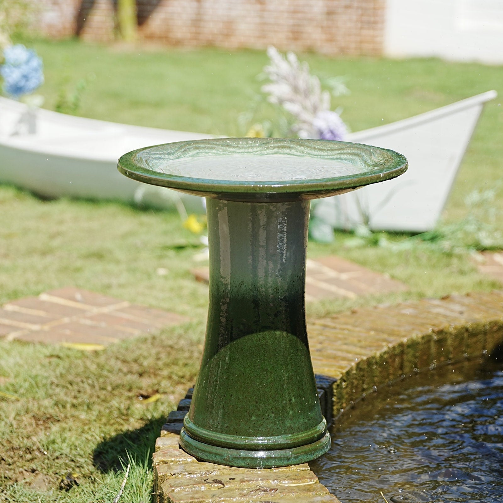 Green Gradient Ceramic Bird Bath Outdoor Garden Decor