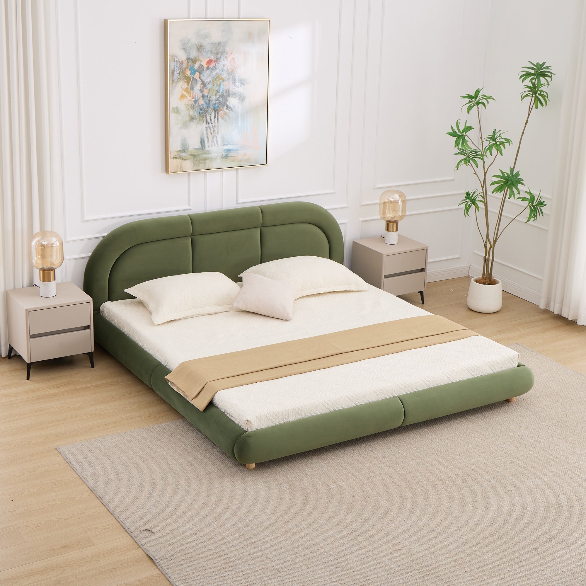 Green King Size Platform Bed Frame With Curved Upholstered Headboard