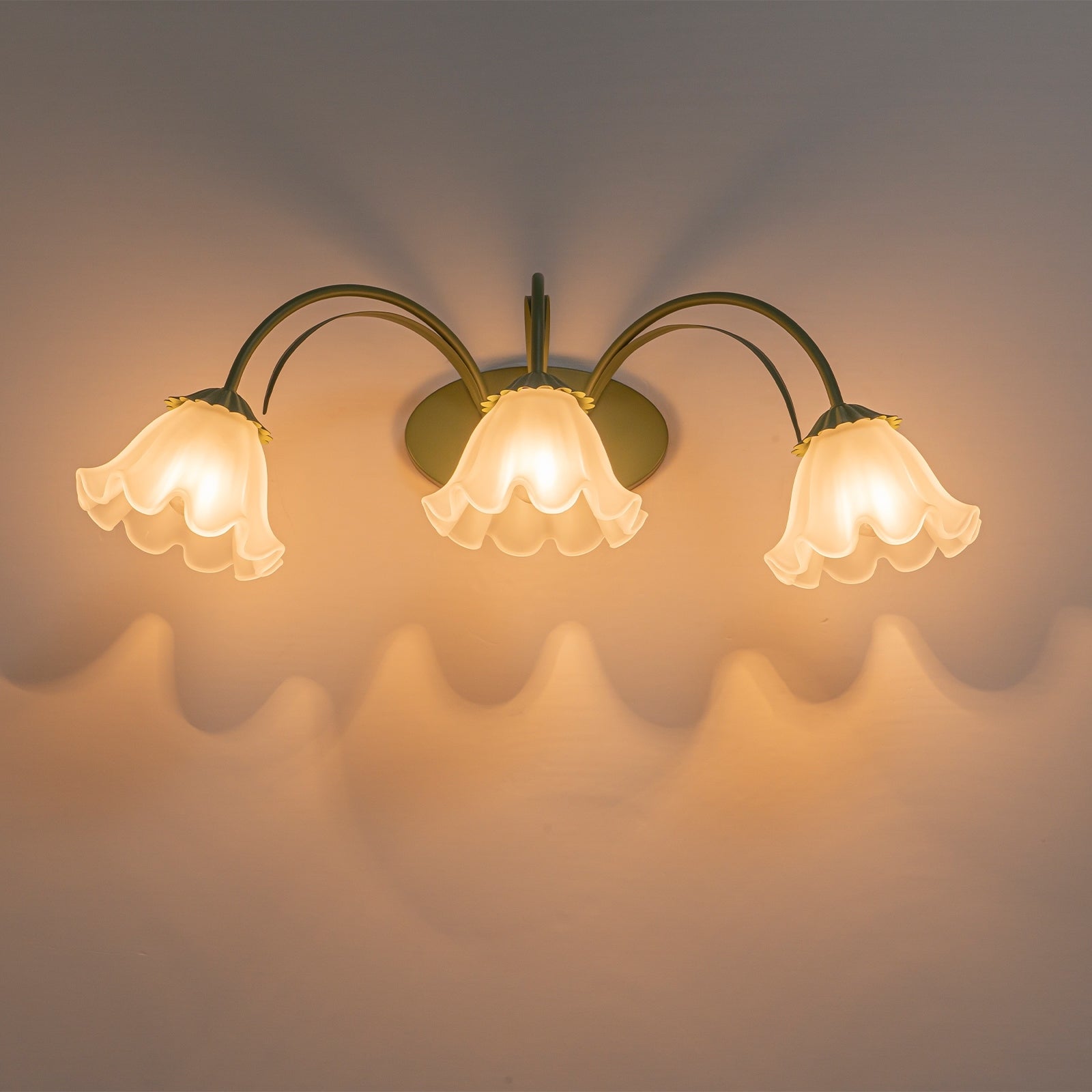 Green Metal Flower Frosted Glass Wall Sconce For Bathroom Vanity