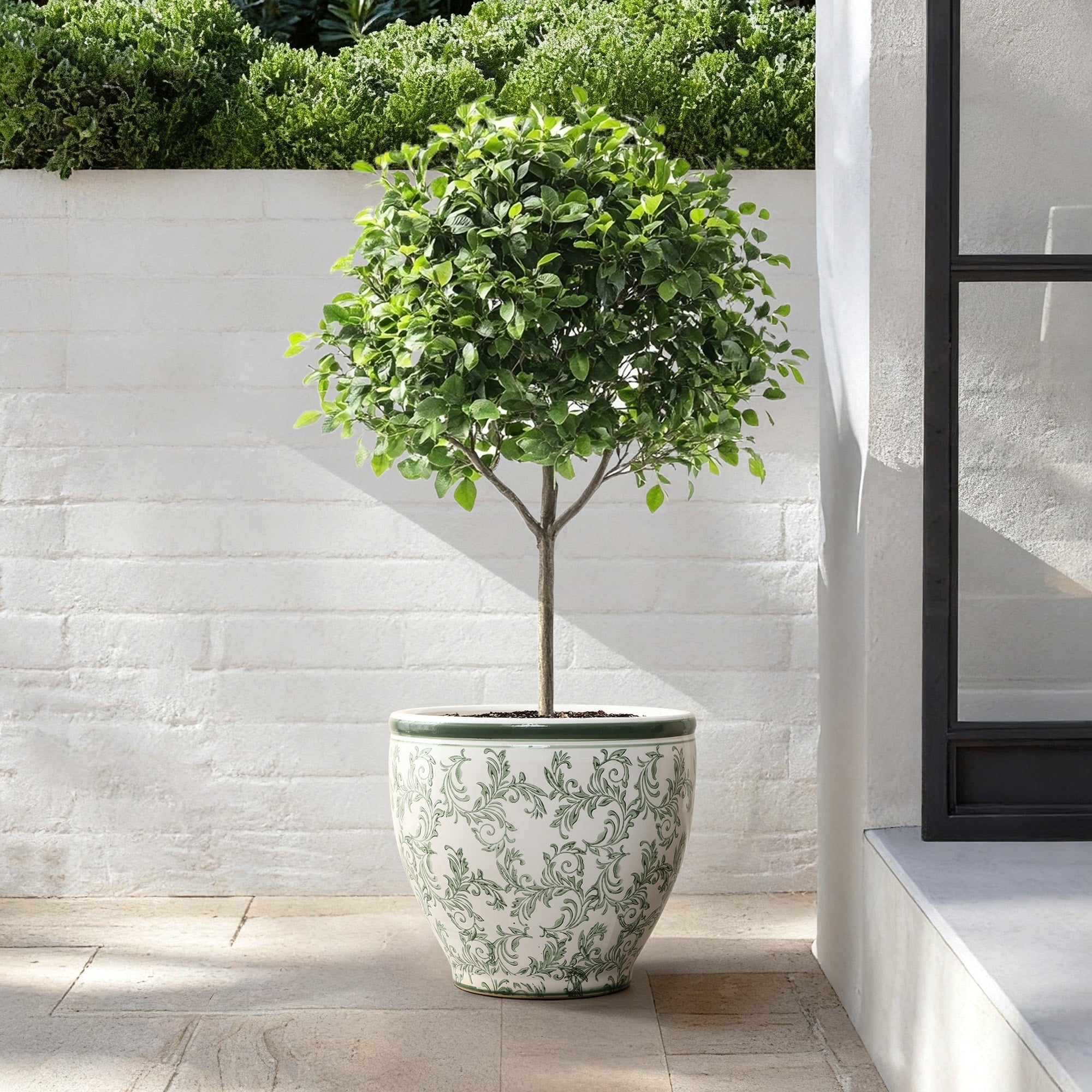 Green Paisley Ceramic Planter 15.55 Round Indoor Outdoor Flower Pot 14.17 X 15.55 Diameter