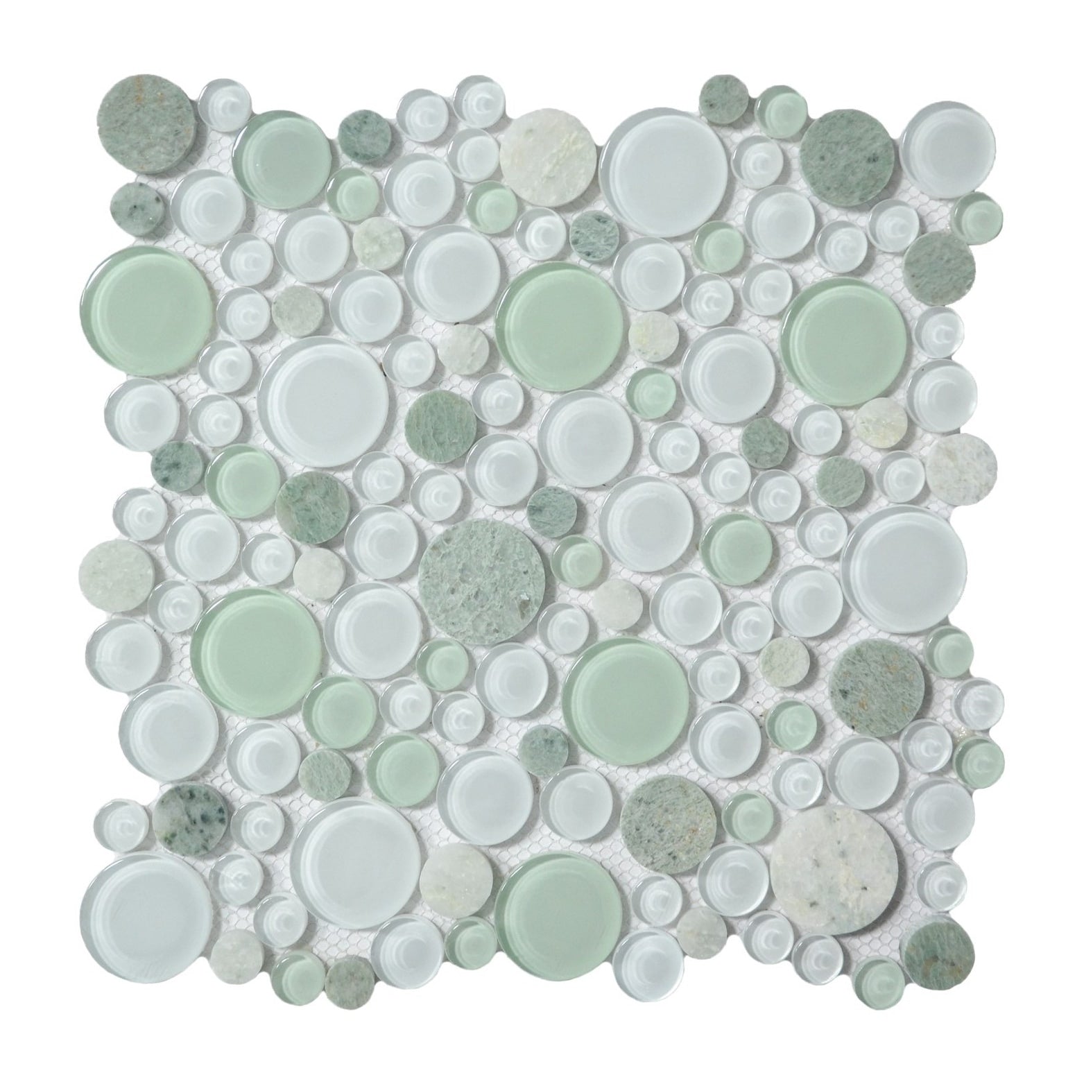 Green White Pebble Round Glass And Marble Mosaic Tile Case 10 Sheets