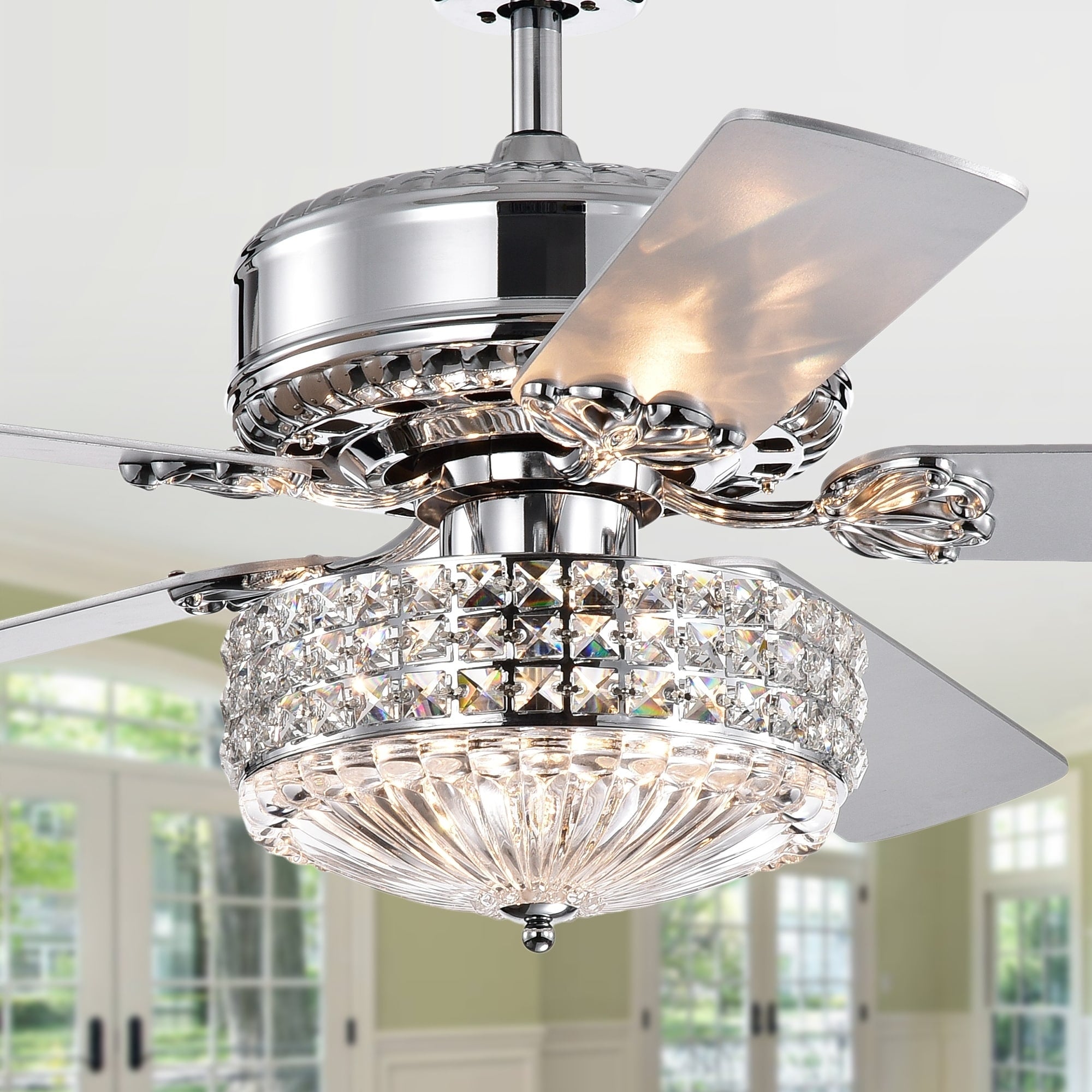 Gremane Chrome 52 Inch Lighted Ceiling Fan With Crystal Shade Includes Remote And Light Kit