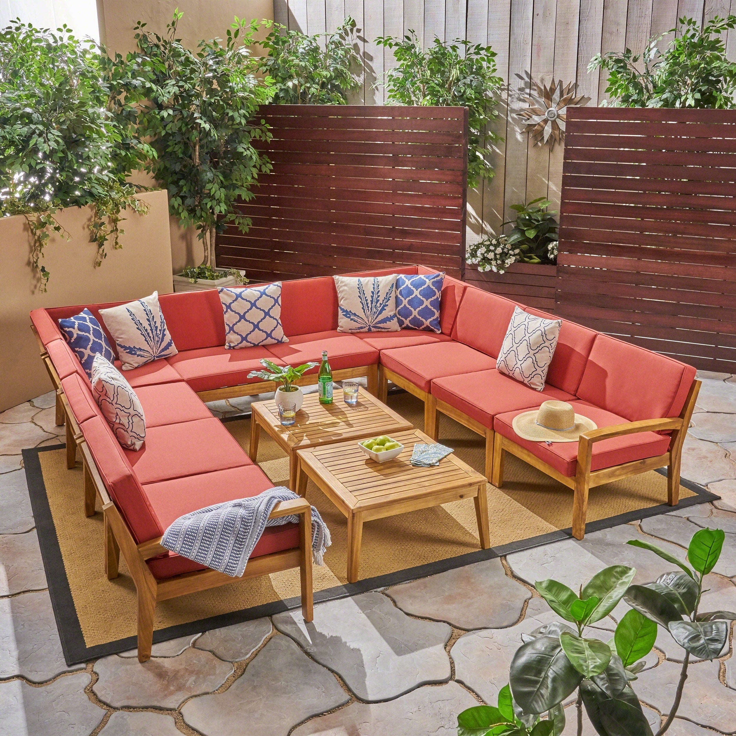 Grenada Outdoor Acacia Wood 10 Seater Sectional Sofa Set With Two Coffee Tables By Christopher Knight Home
