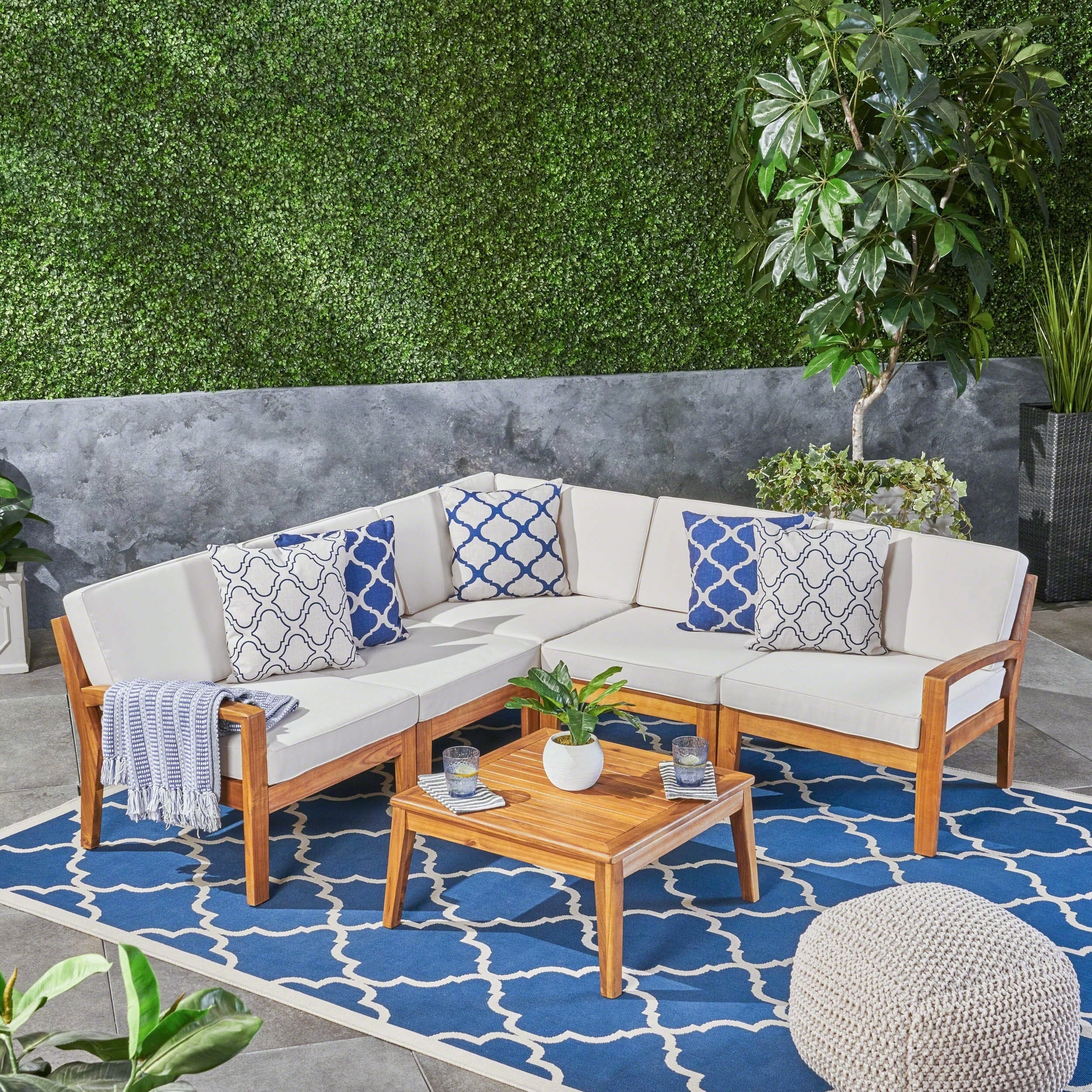 Grenada Acacia Wood 5 Piece Set Sectional Sofa Set For Patio With Cushions And Coffee Table By Christopher Knight Home