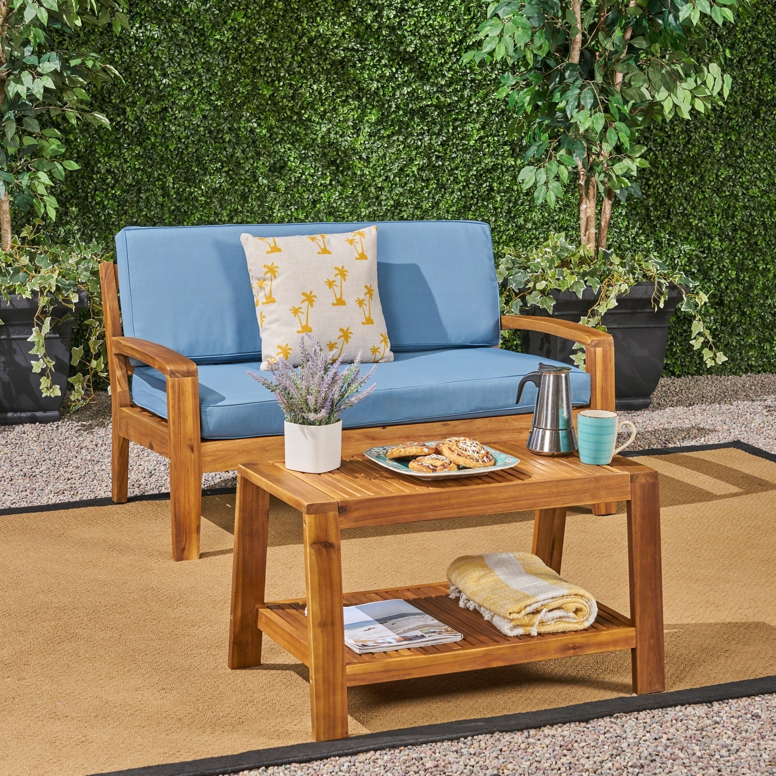 Grenada Outdoor 2 Piece Acacia Wood Loveseat And Coffee Table Set With Cushions By Christopher Knight Home