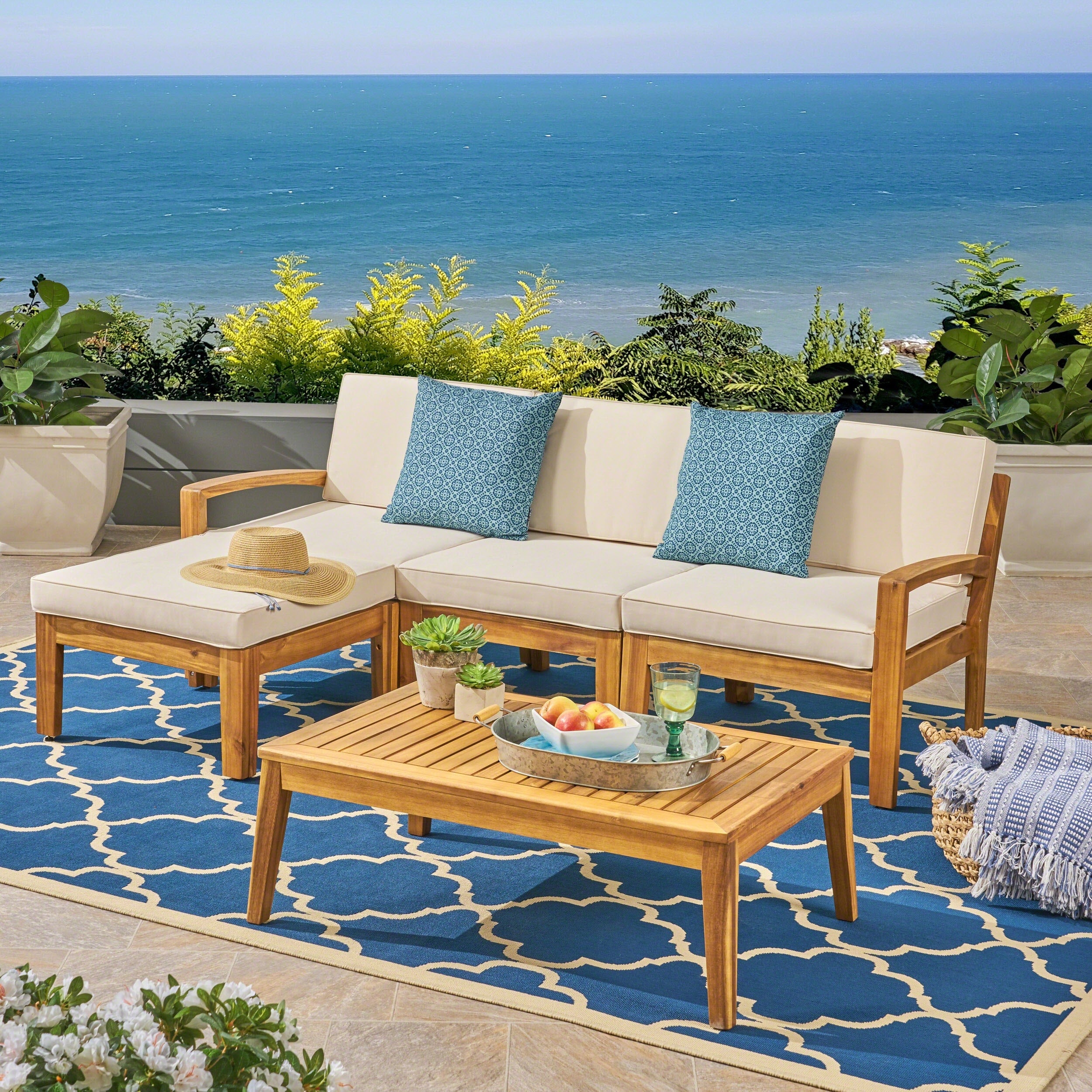 Grenada Outdoor 3 Seater Acacia Wood Frame Sectional Sofa Set With Water Resistant Cushion By Christopher Knight Home