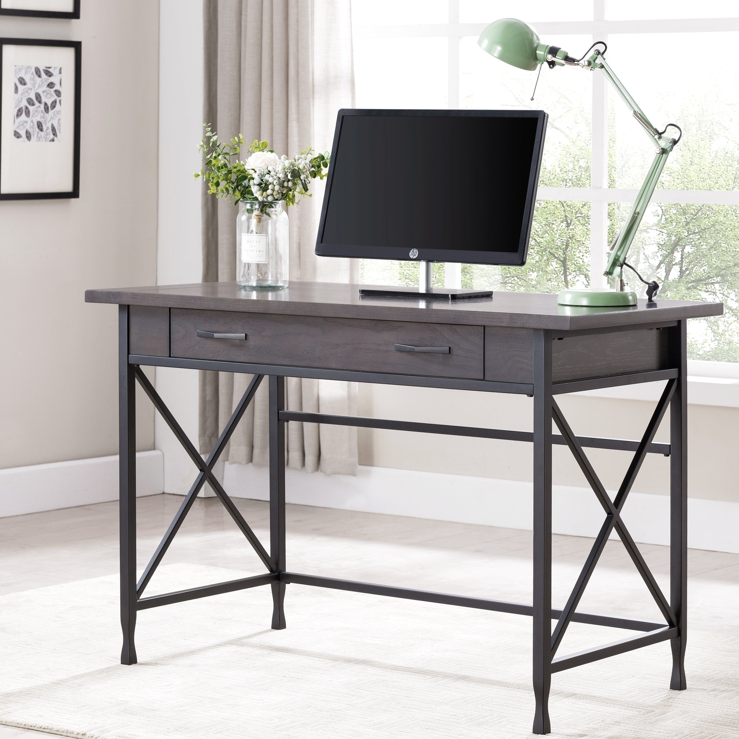 Grey 1 Drawer Metal And Wood Writing Computer Desk