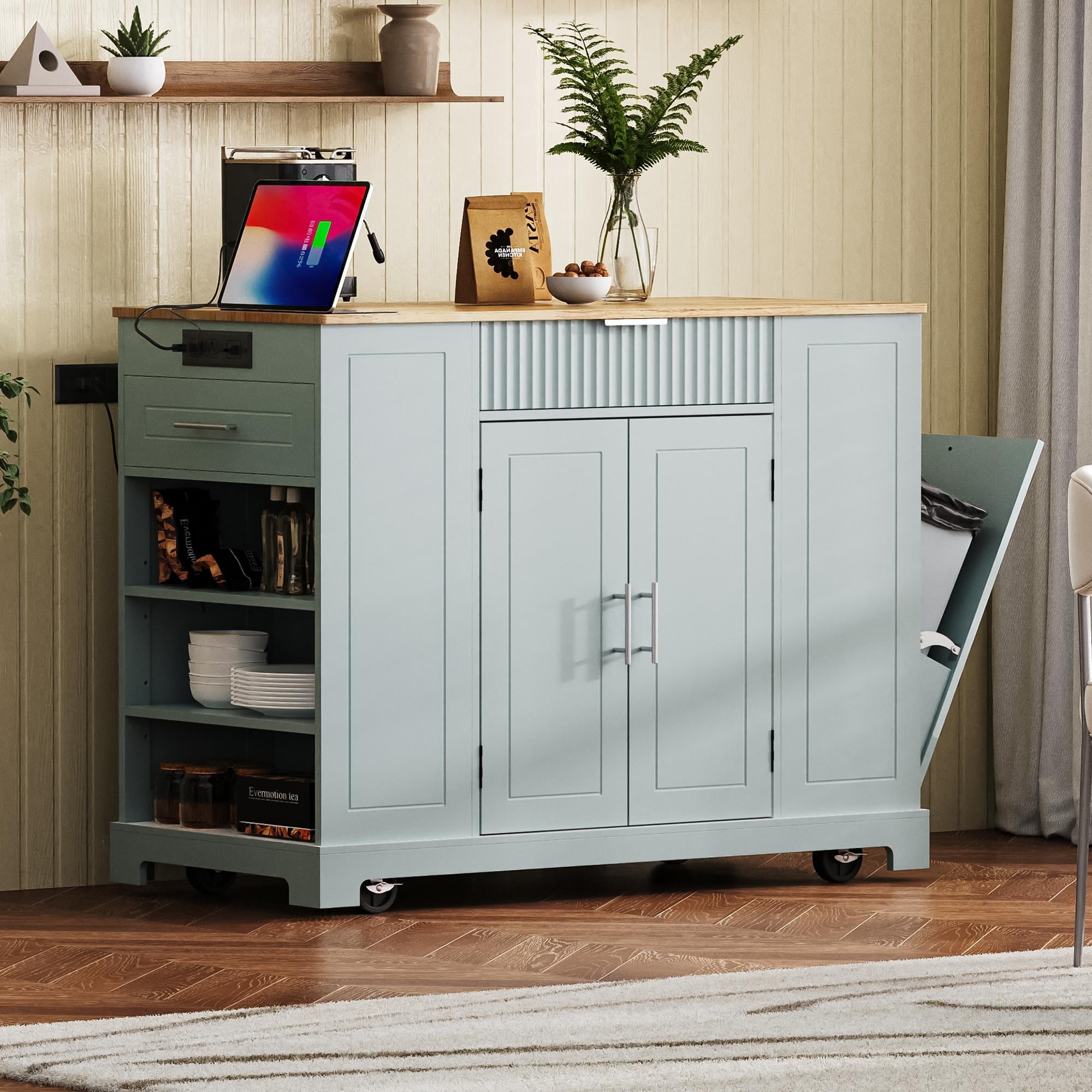 Grey Blue Fluted Kitchen Island With Storage Cabinet Rolling Kitchen Cart With 3 Drawer And Adjustable Shelves