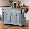 Grey Blue Large Kitchen Island With Drop Leaf Rolling Kitchen Cart On 4 Wheels With 4 Doors And 3 Drawers