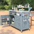 Grey Blue Outdoor Kitchen Island With Storage Rack Outdoor Rolling Grill Cart With Adjustable Shelf Spice Rack