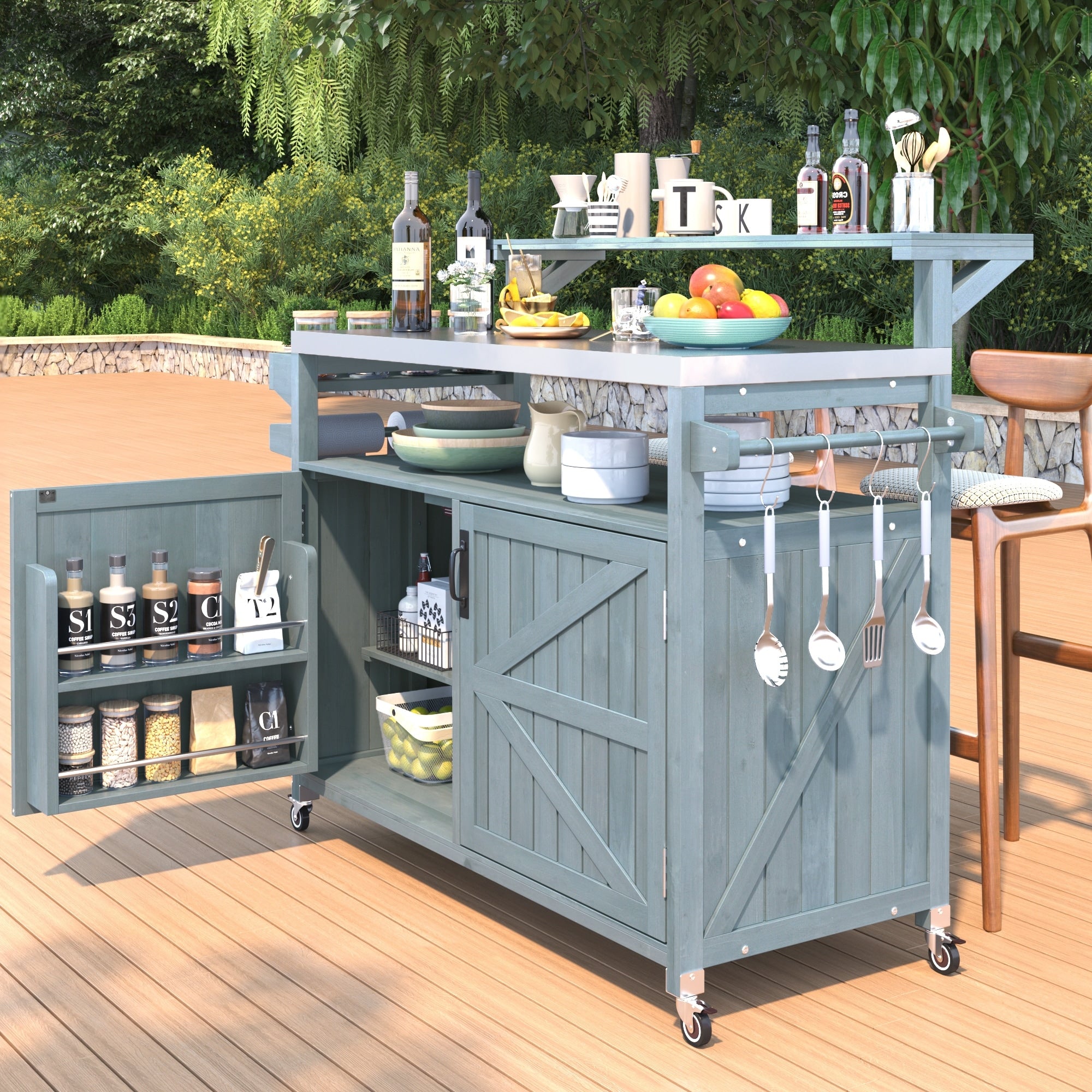 Grey Blue Outdoor Kitchen Island With Storage Rack Outdoor Rolling Grill Cart With Adjustable Shelf Spice Rack