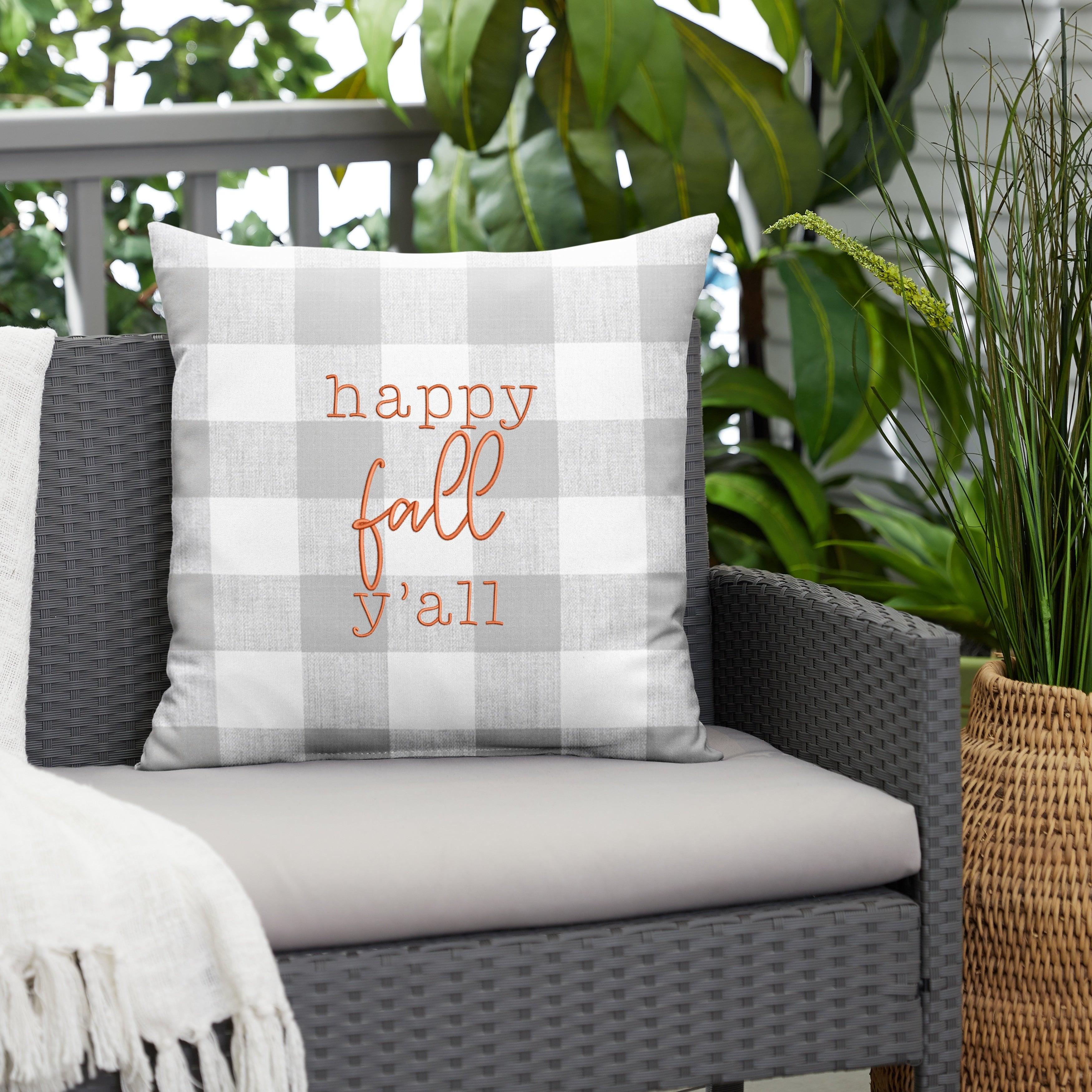 Grey Buffalo Plaid Happy Fall Yall Indoor Outdoor Pillow 18 In X 18 In