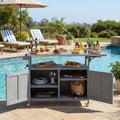 Grey Outdoor Cooking Island Kitchen Island With Lockable Wheels Serving Cart With Storage Cabinet And Towel Rack
