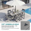 Grey Outdoor Dining Set Patio Table Set With Umbrella Hole And 6 Armrest Side Chairs For Garden Backyard