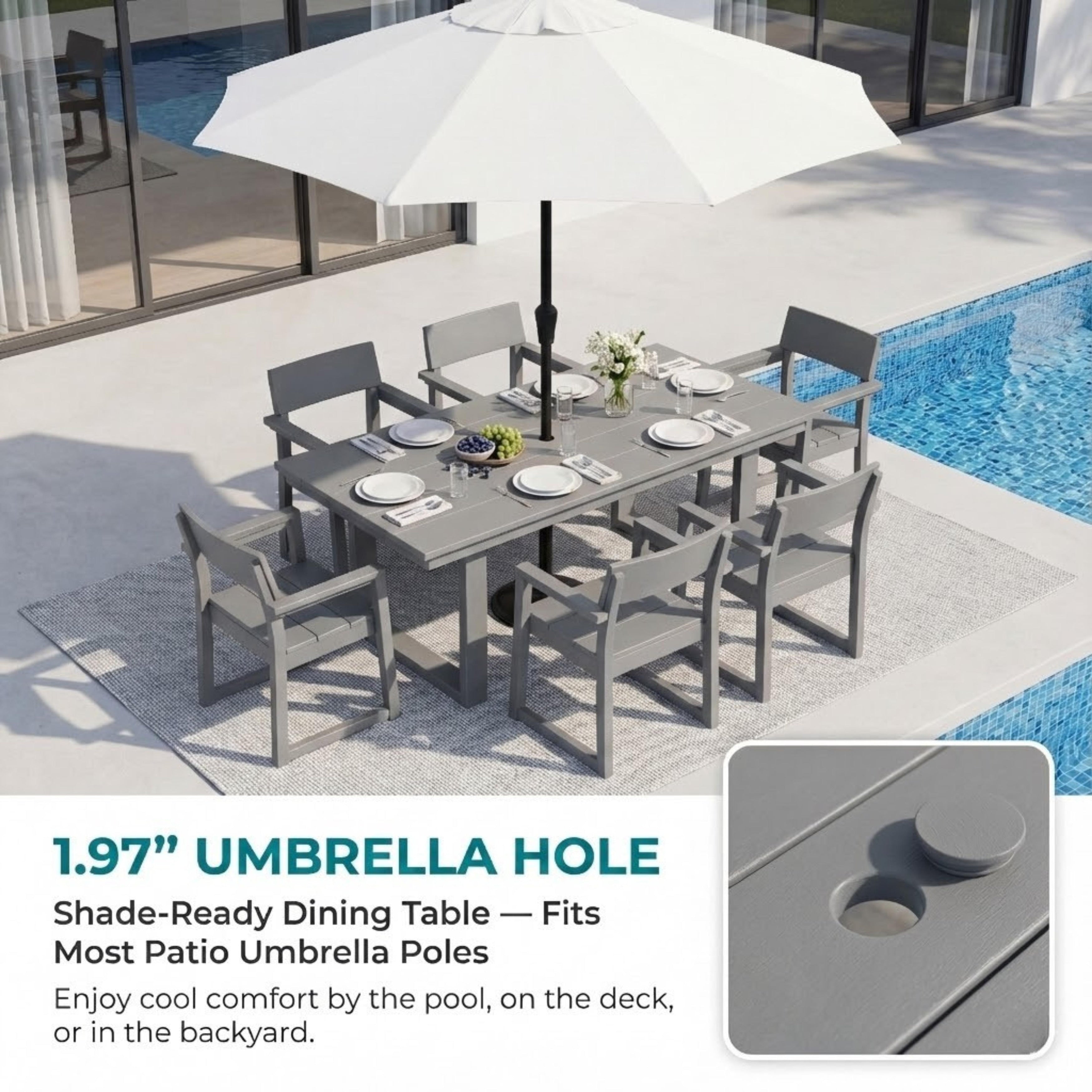 Grey Outdoor Dining Set Patio Table Set With Umbrella Hole And 6 Armrest Side Chairs For Garden Backyard