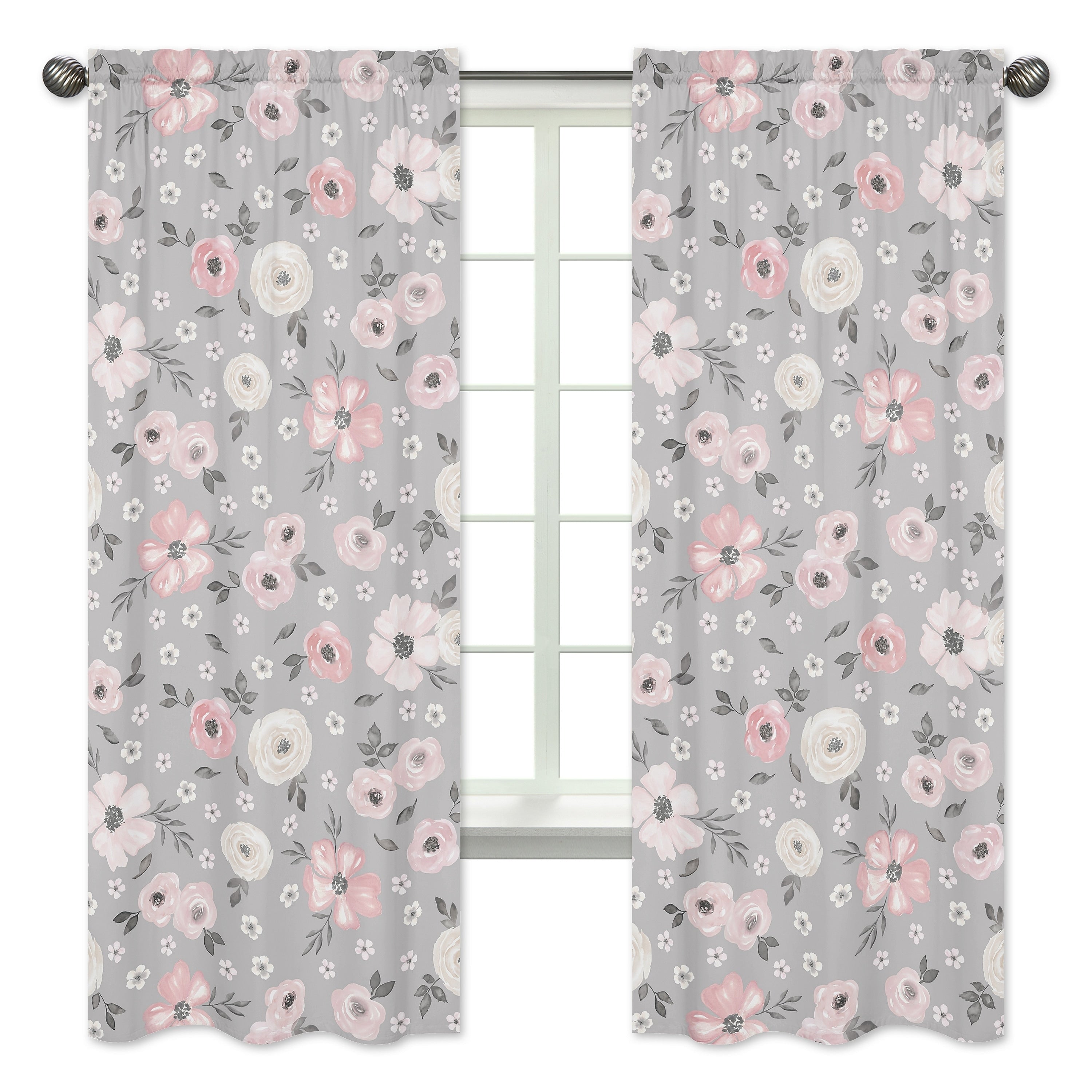Grey Watercolor Floral 84 Inch Window Treatment Curtain Panel Pair Blush Pink Gray White Shabby Chic Rose Flower Farmhouse