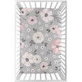 Grey Watercolor Floral Baby Girl Fitted Mini Portable Crib Sheet Blush Pink Gray White Shabby Chic Rose Flower Farmhouse
