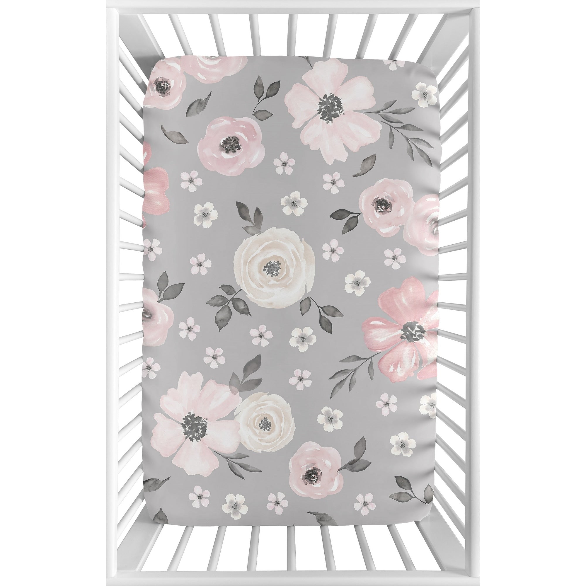 Grey Watercolor Floral Baby Girl Fitted Mini Portable Crib Sheet Blush Pink Gray White Shabby Chic Rose Flower Farmhouse
