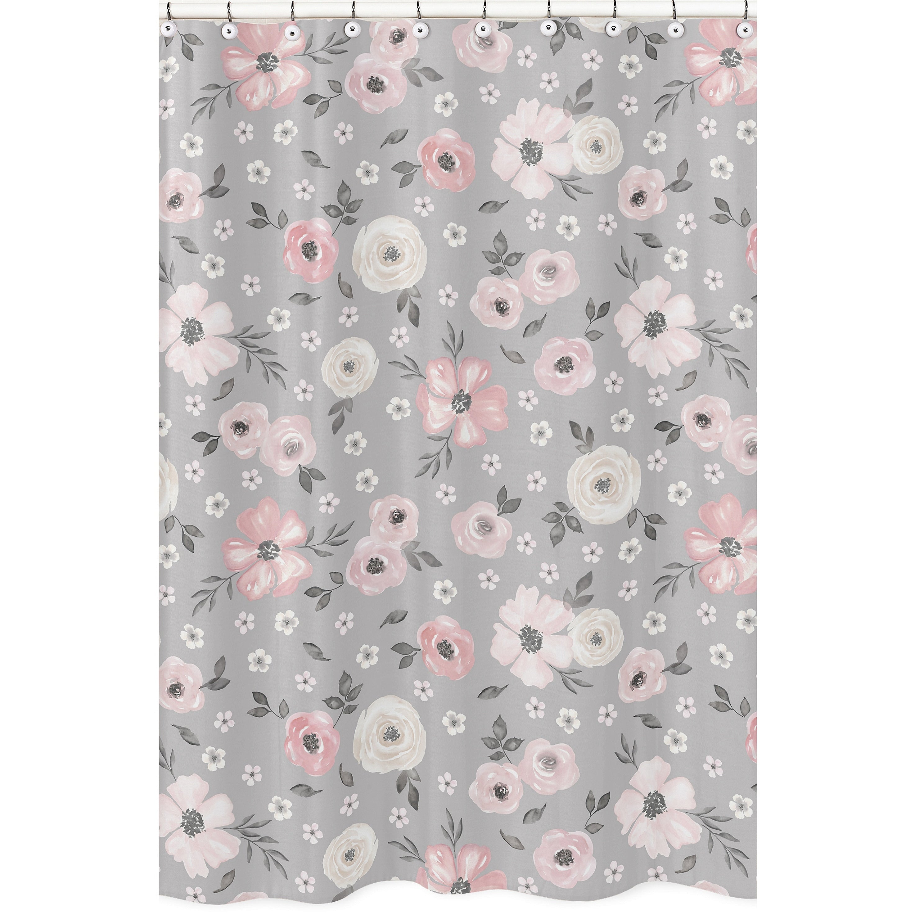 Grey Watercolor Floral Collection Bathroom Fabric Bath Shower Curtain Blush Pink Gray White Shabby Chic Rose Flower Farmhouse