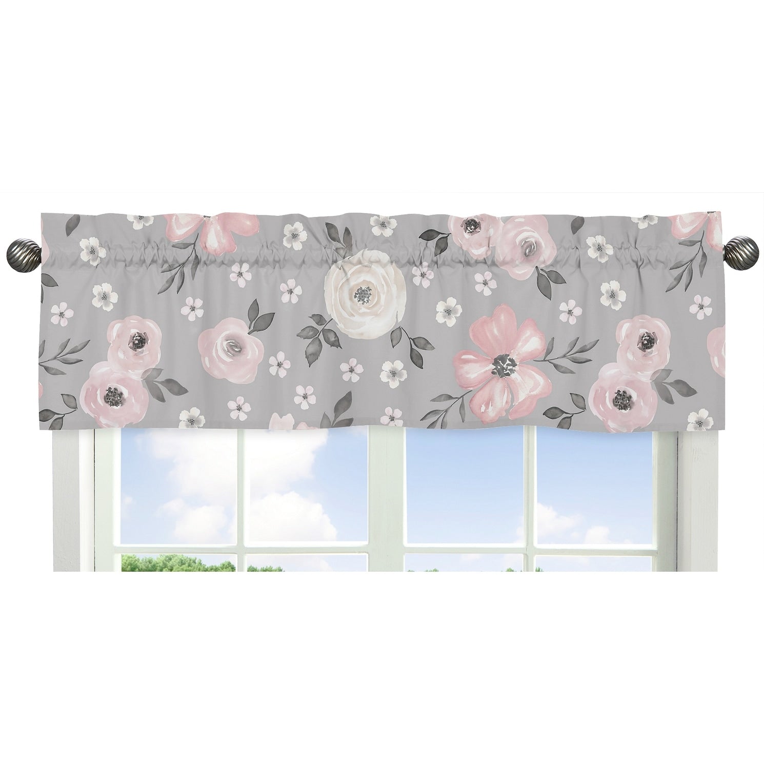 Grey Watercolor Floral Collection Window Curtain Valance Blush Pink Gray And White Shabby Chic Rose Flower Farmhouse