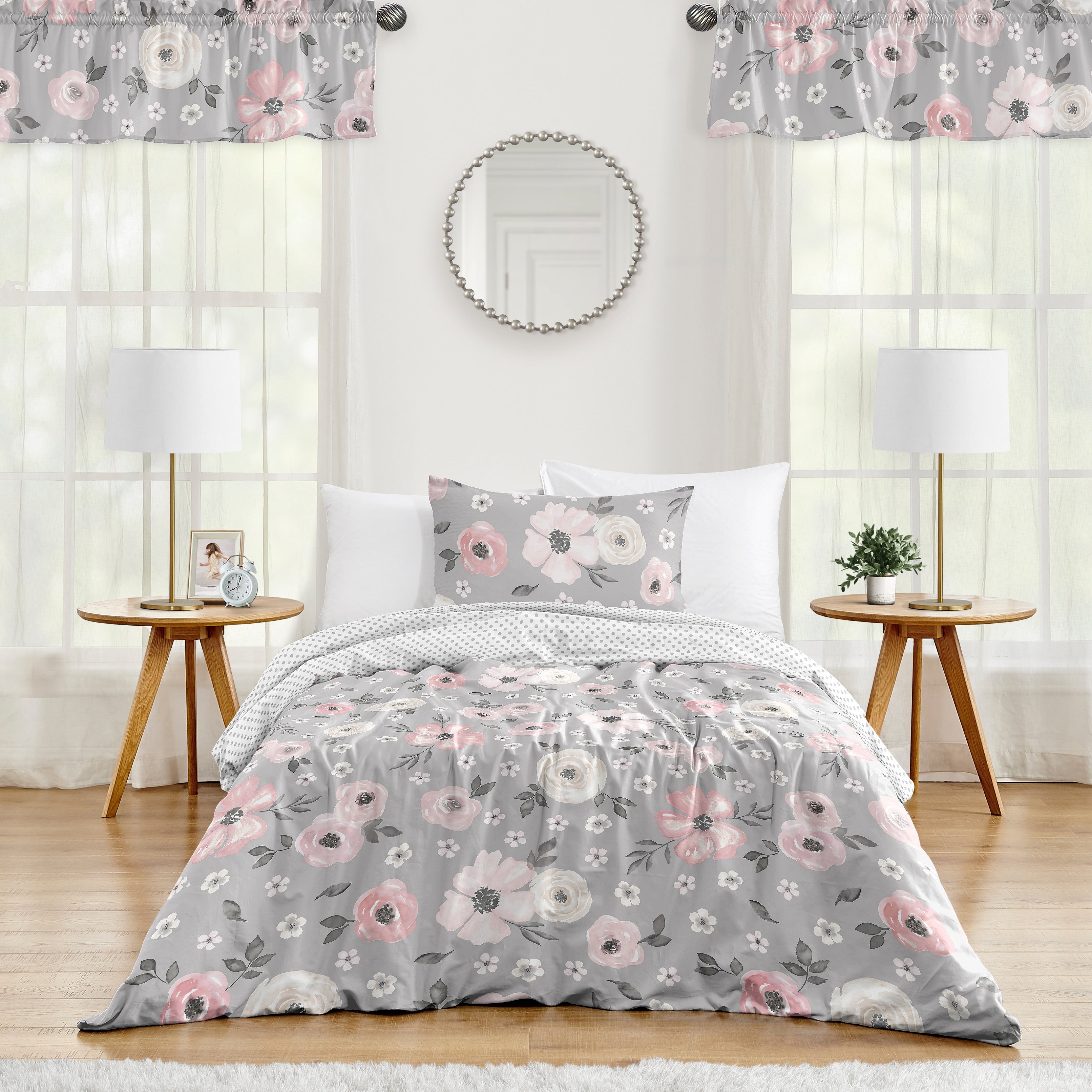 Grey Watercolor Floral Girl 4Pc Twin Size Comforter Set Blush Pink Gray White Shabby Chic Rose Flower Polka Dot Farmhouse