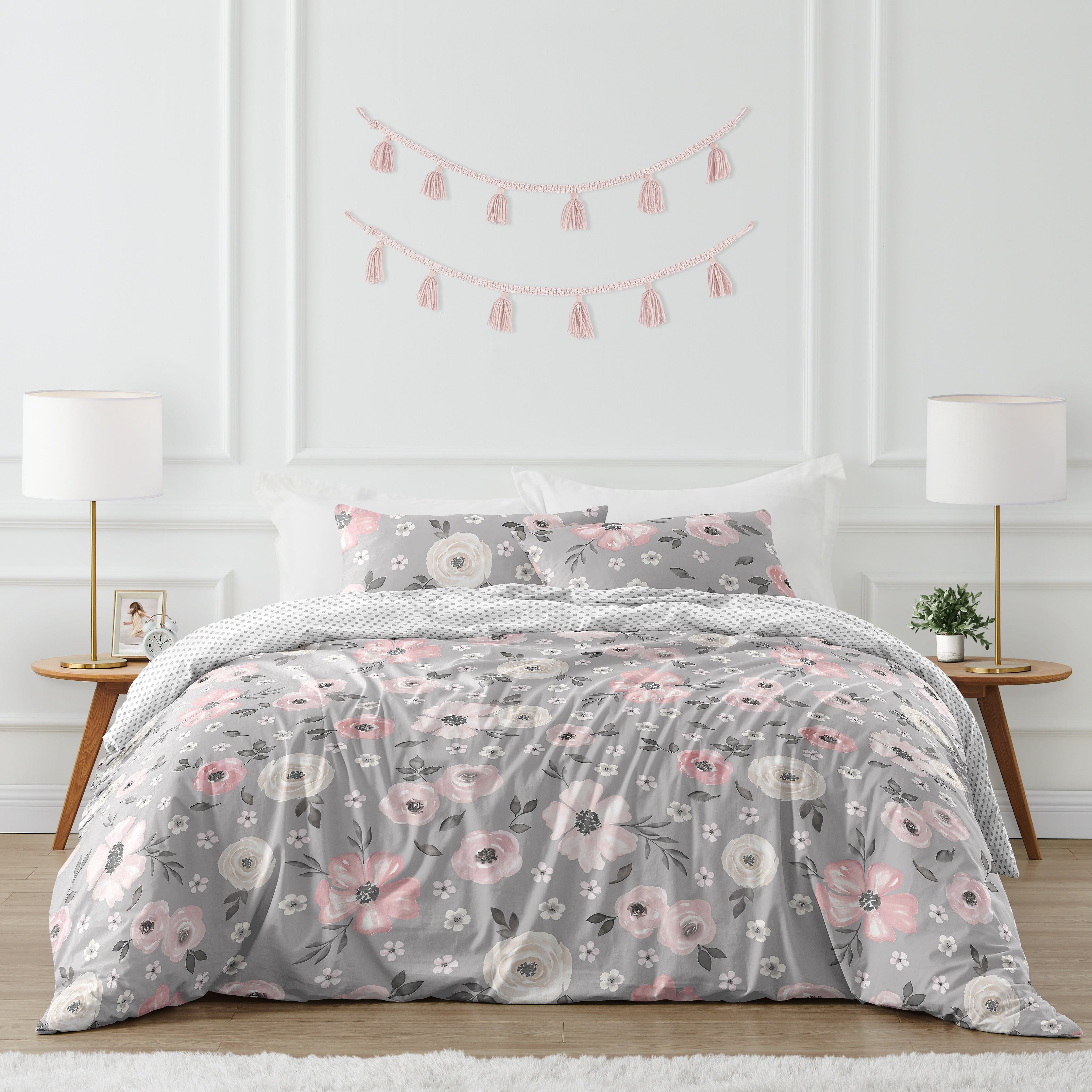 Grey Watercolor Floral Girl 3Pc Full Queen Comforter Set Blush Pink Gray White Shabby Chic Rose Flower Polka Dot Farmhouse