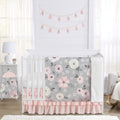 Grey Watercolor Floral Girl 4Pc Nursery Crib Bedding Set Blush Pink Gray White Shabby Chic Rose Flower Polka Dot Farmhouse