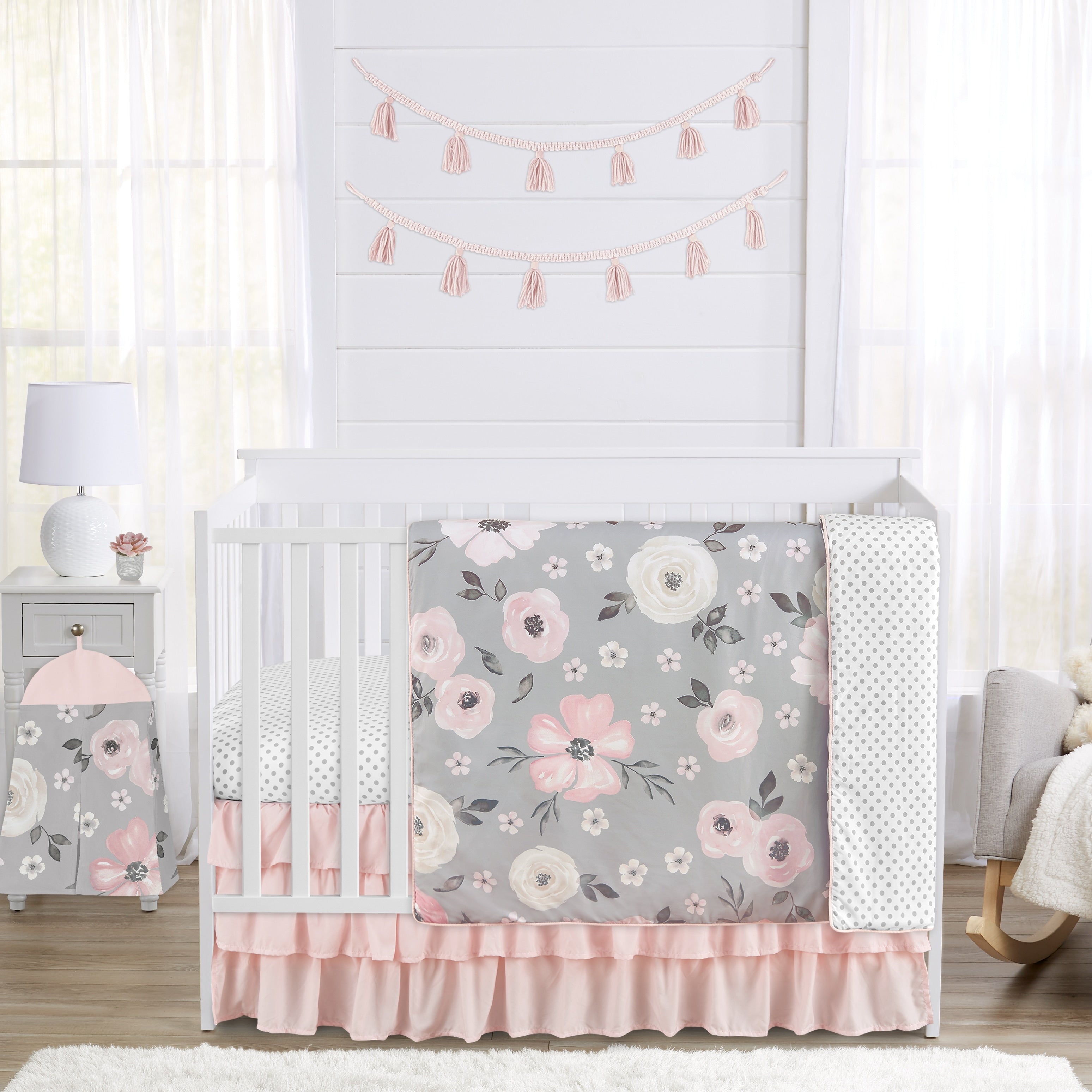 Grey Watercolor Floral Girl 4Pc Nursery Crib Bedding Set Blush Pink Gray White Shabby Chic Rose Flower Polka Dot Farmhouse
