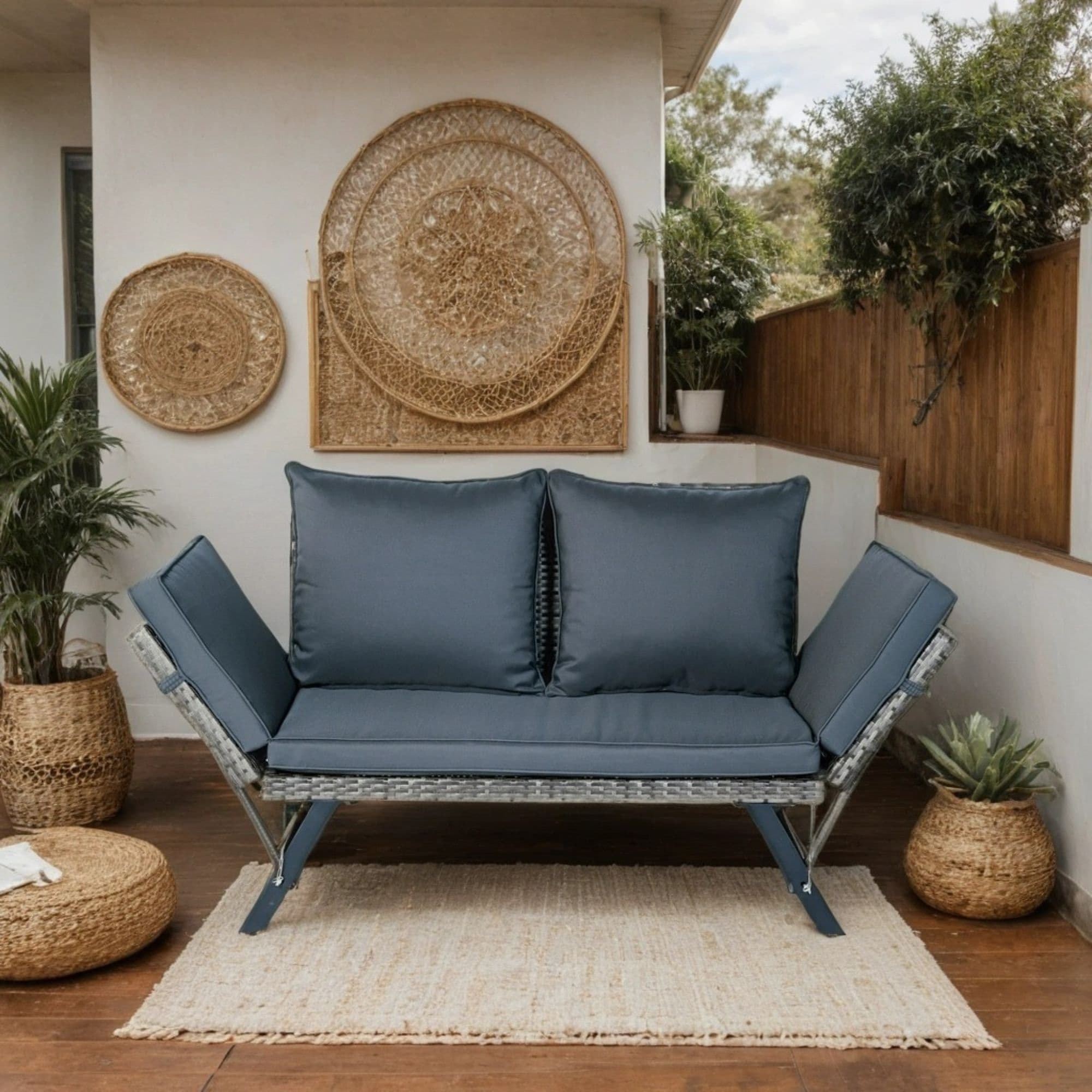 Grey Wicker Foldable Bench Patio Backyard Conversation Set
