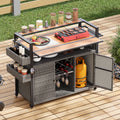 Grey Wicker Outdoor Grill Cart With Extended Table Top Rolling Kitchen Island On Wheels With Storage Cabinet