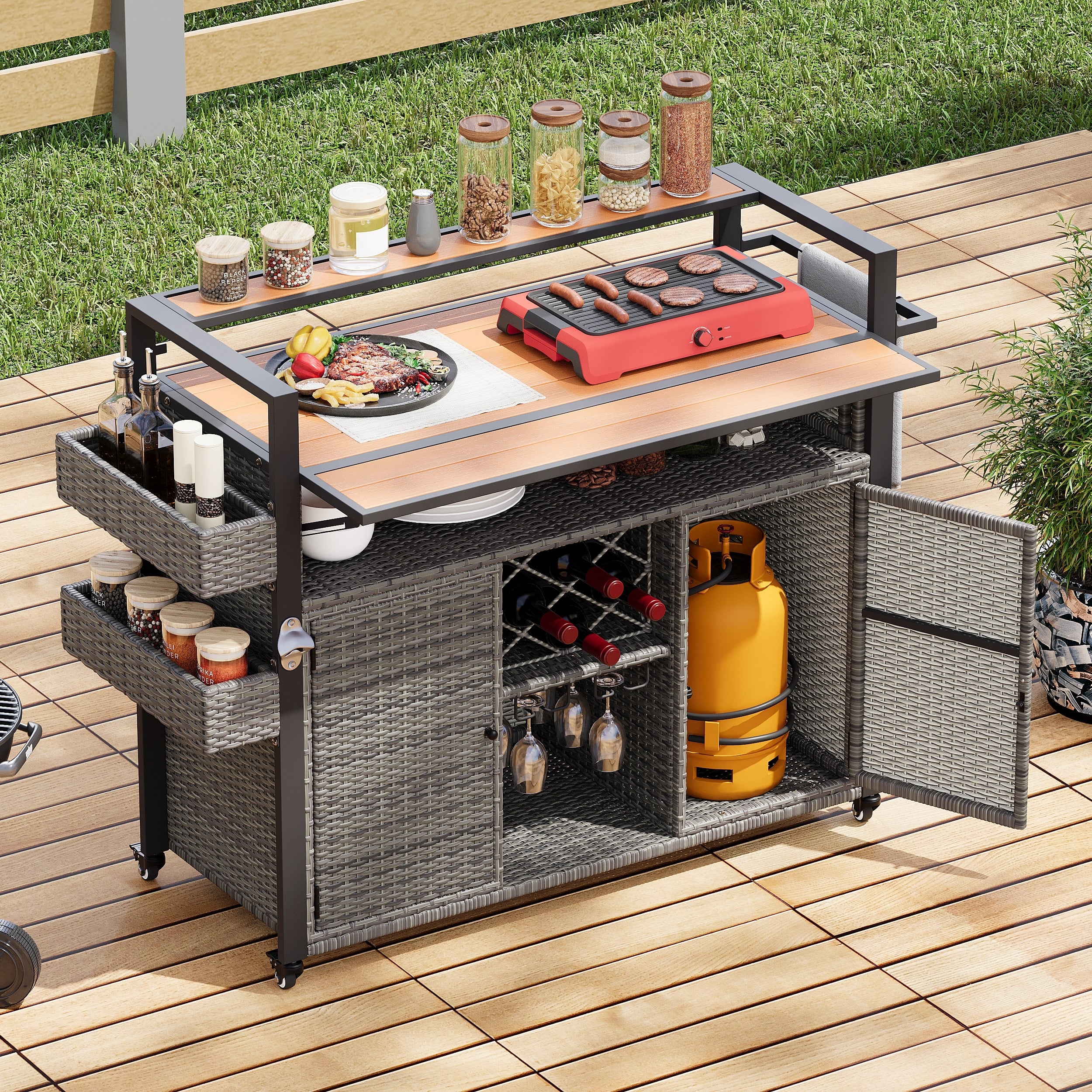Grey Wicker Outdoor Grill Cart With Extended Table Top Rolling Kitchen Island On Wheels With Storage Cabinet