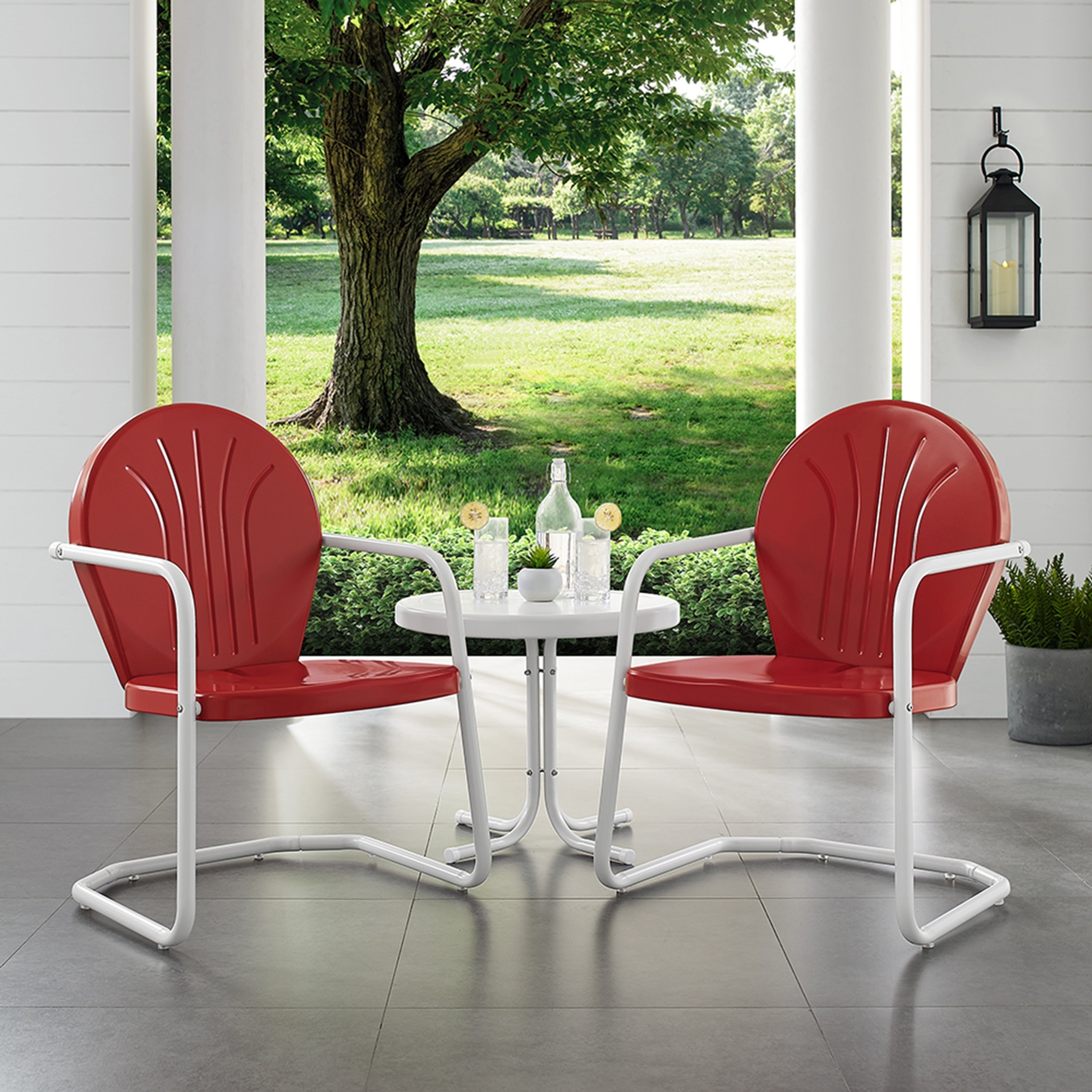 Griffith 3 Piece Metal Outdoor Conversation Seating Set Two Chairs In Red Finish With Side Table In White Finish