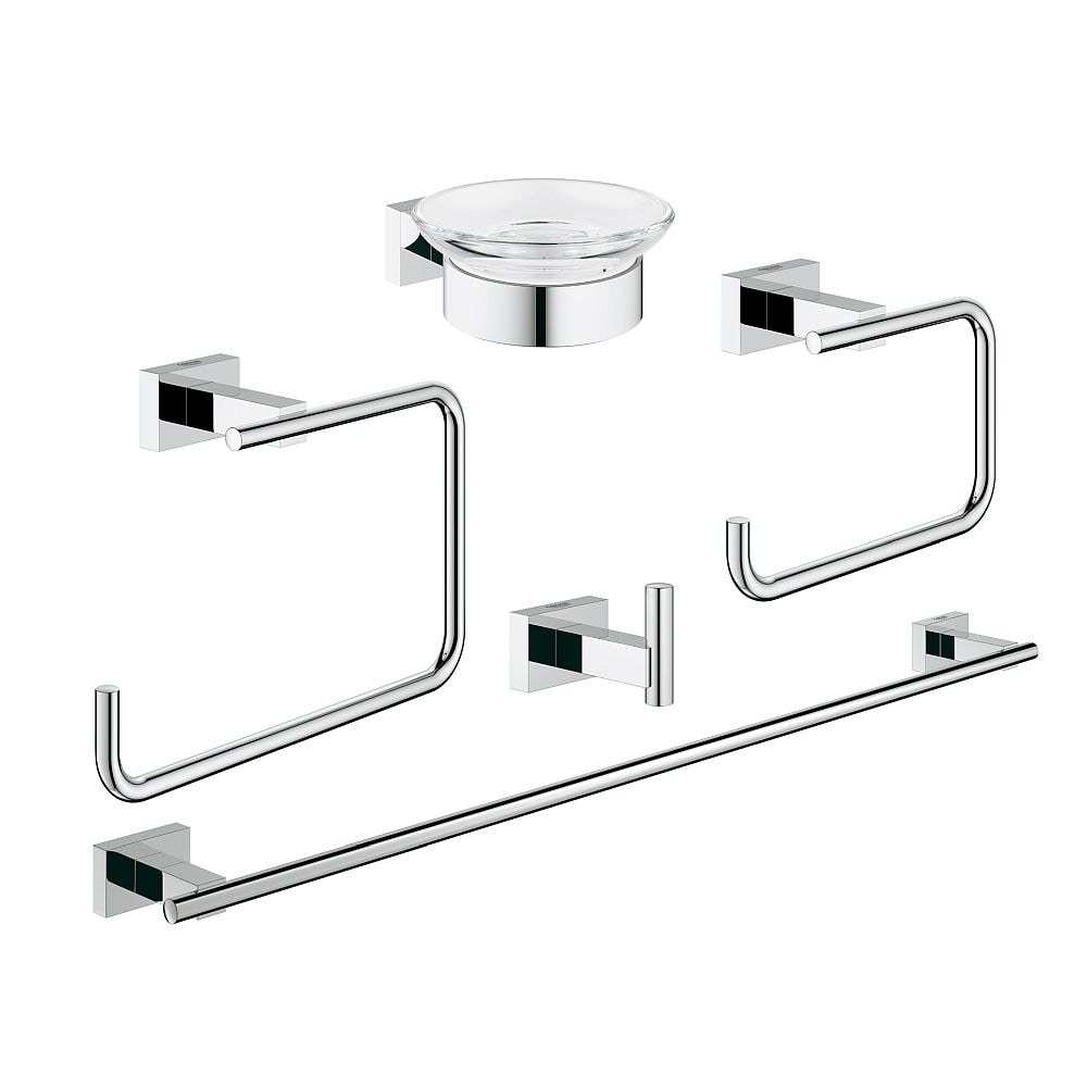Grohe Essentials Cube Glass Metal 25.59 In. 5 In 1 Master Bathroom Accessories Set