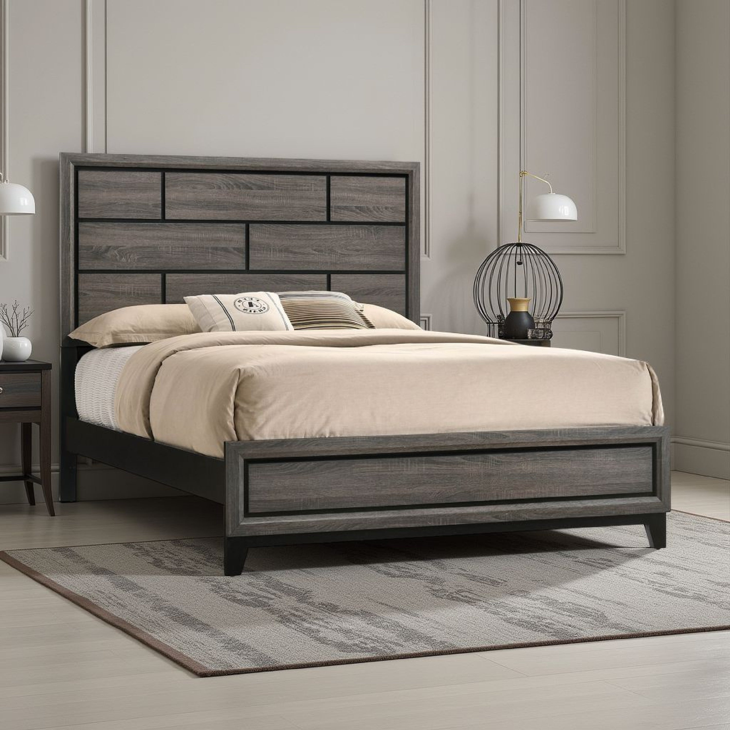 Grooved Panel Contemporary Eastern King Bed With Tapered Legs Gray