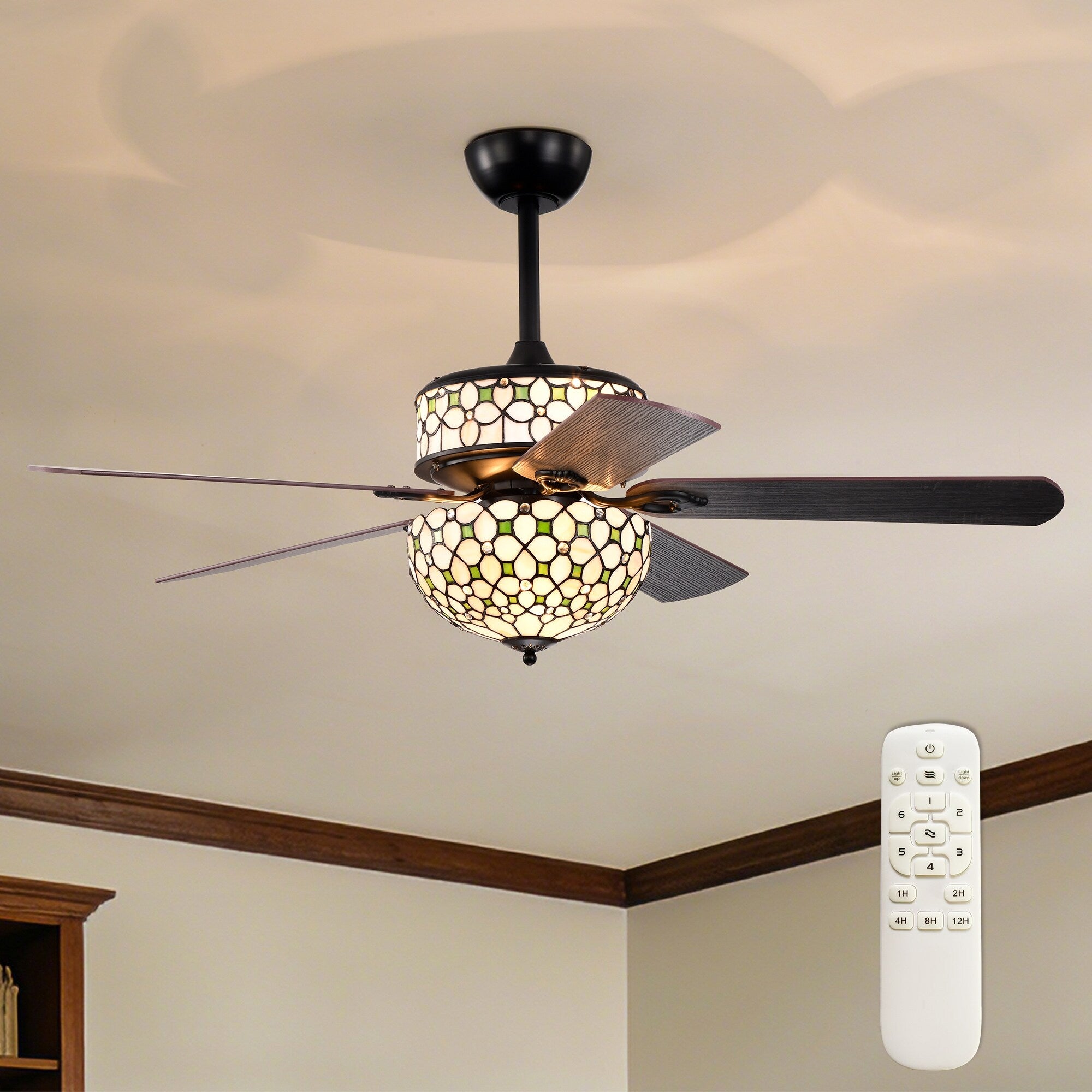 Guarvey 52 Inch Flushmount Two Tiered Lighted Ceiling Fan Ivory Tiffany Glass Lamp Black Finish
