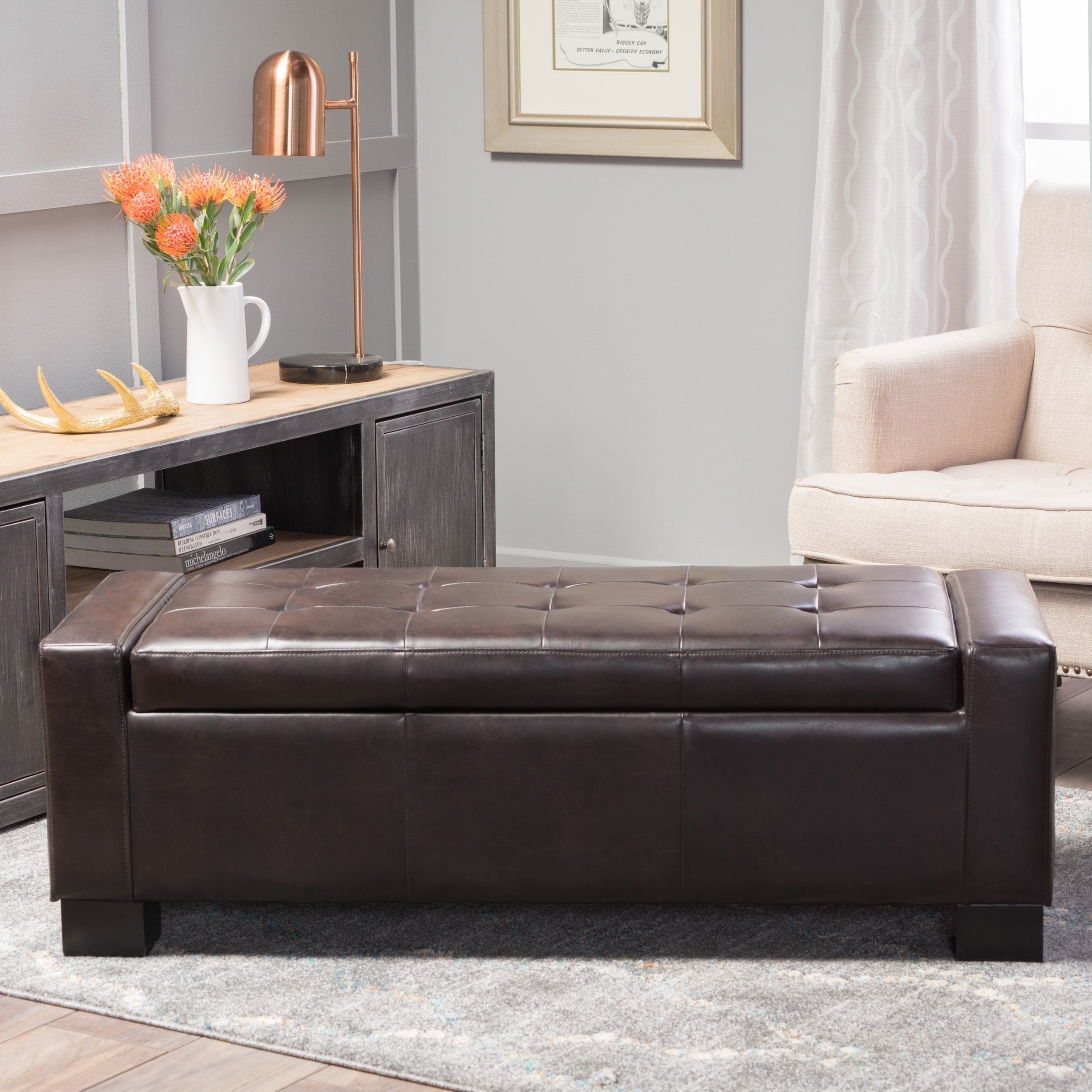 Guernsey Brown Bonded Leather Storage Ottoman Bench By Christopher Knight Home