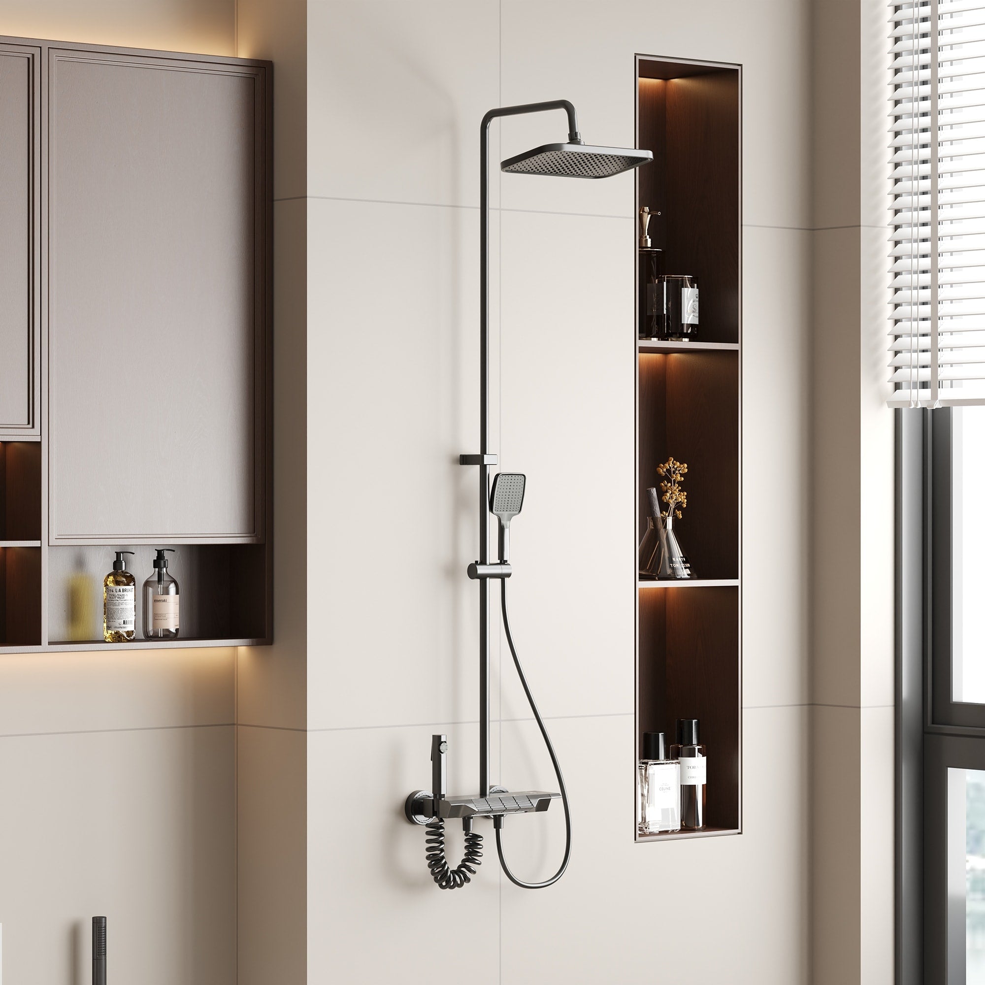 Gunmetal Rainfall Shower System With Handheld Shower 4 Function Shower Faucet Set Wall Mounted Bathroom Shower Column System