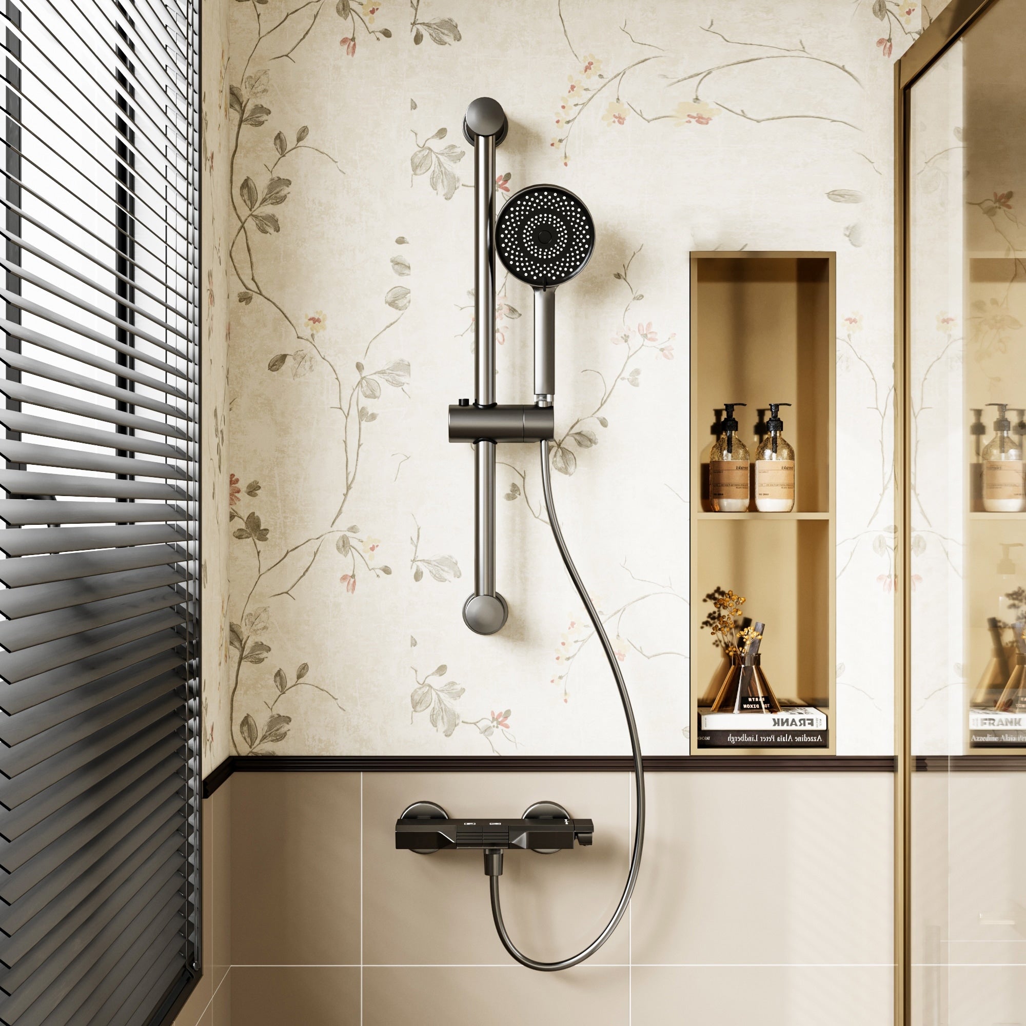 Gunmetal Thermostatic Shower System With Adjustable Slide Bar Cec Certified Space Aluminum Shower Faucet Set