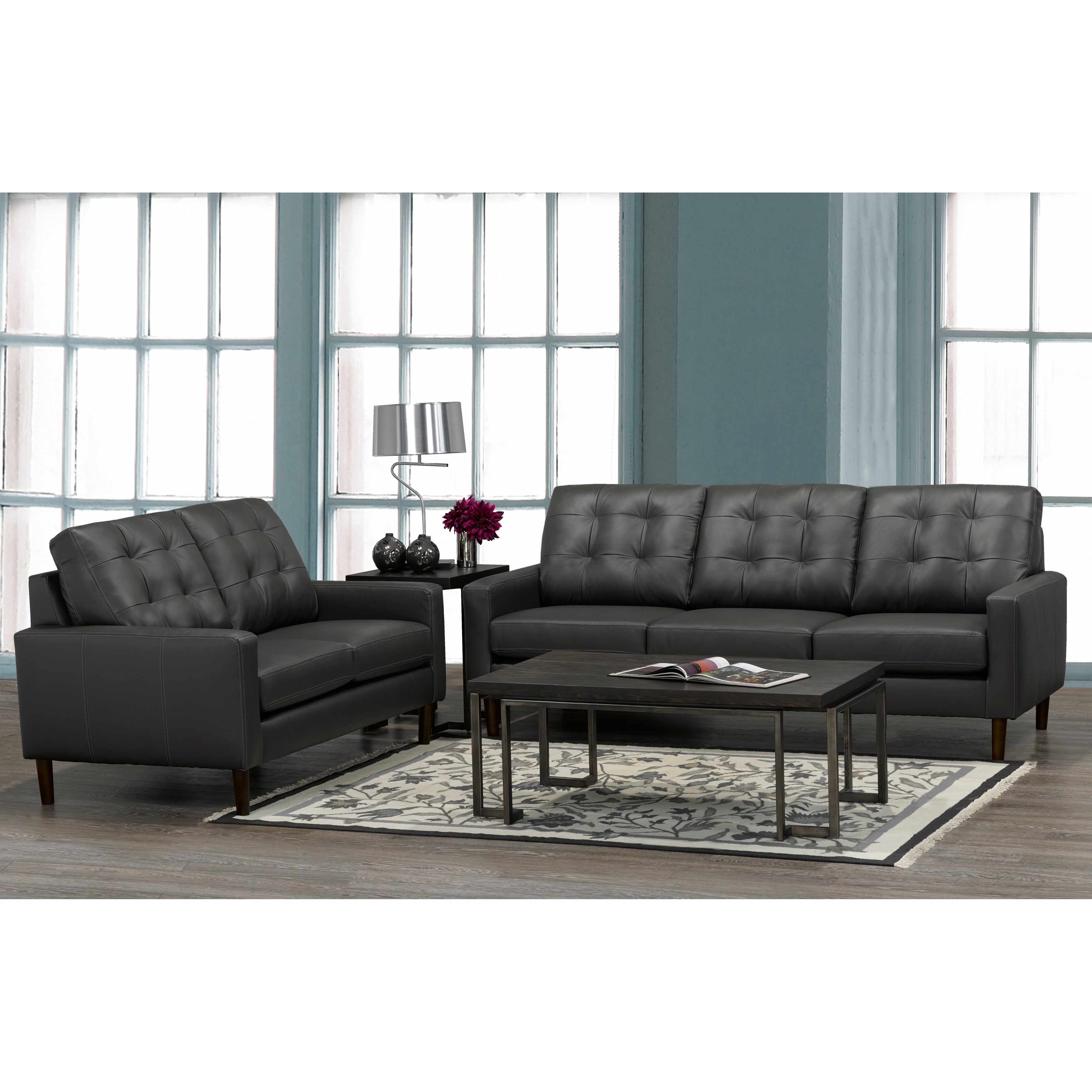 Gunner Mid Century Modern Dark Grey Top Grain Italian Leather Tufted Sofa And Loveseat