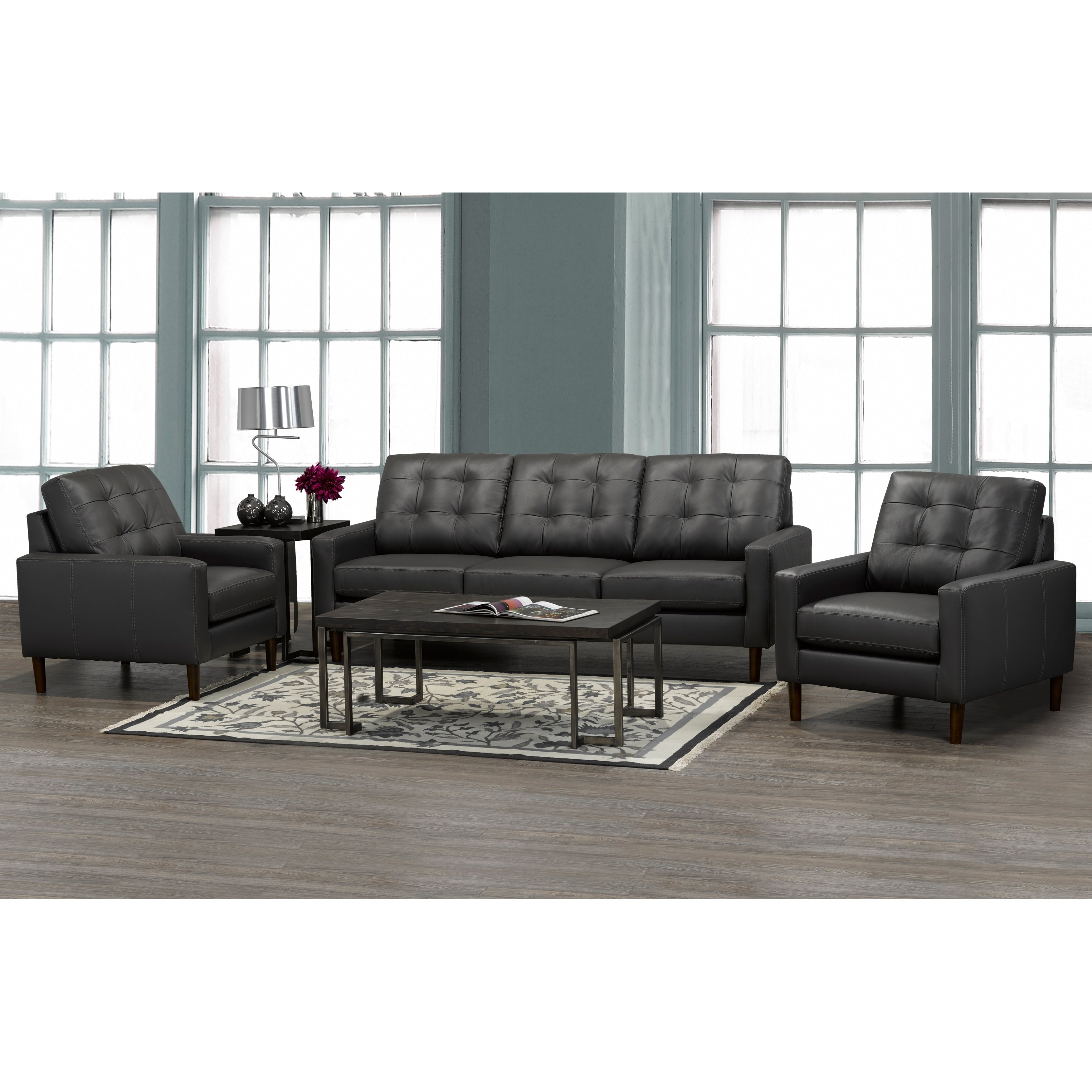 Gunner Mid Century Modern Dark Grey Top Grain Italian Leather Tufted Sofa And Two Chairs
