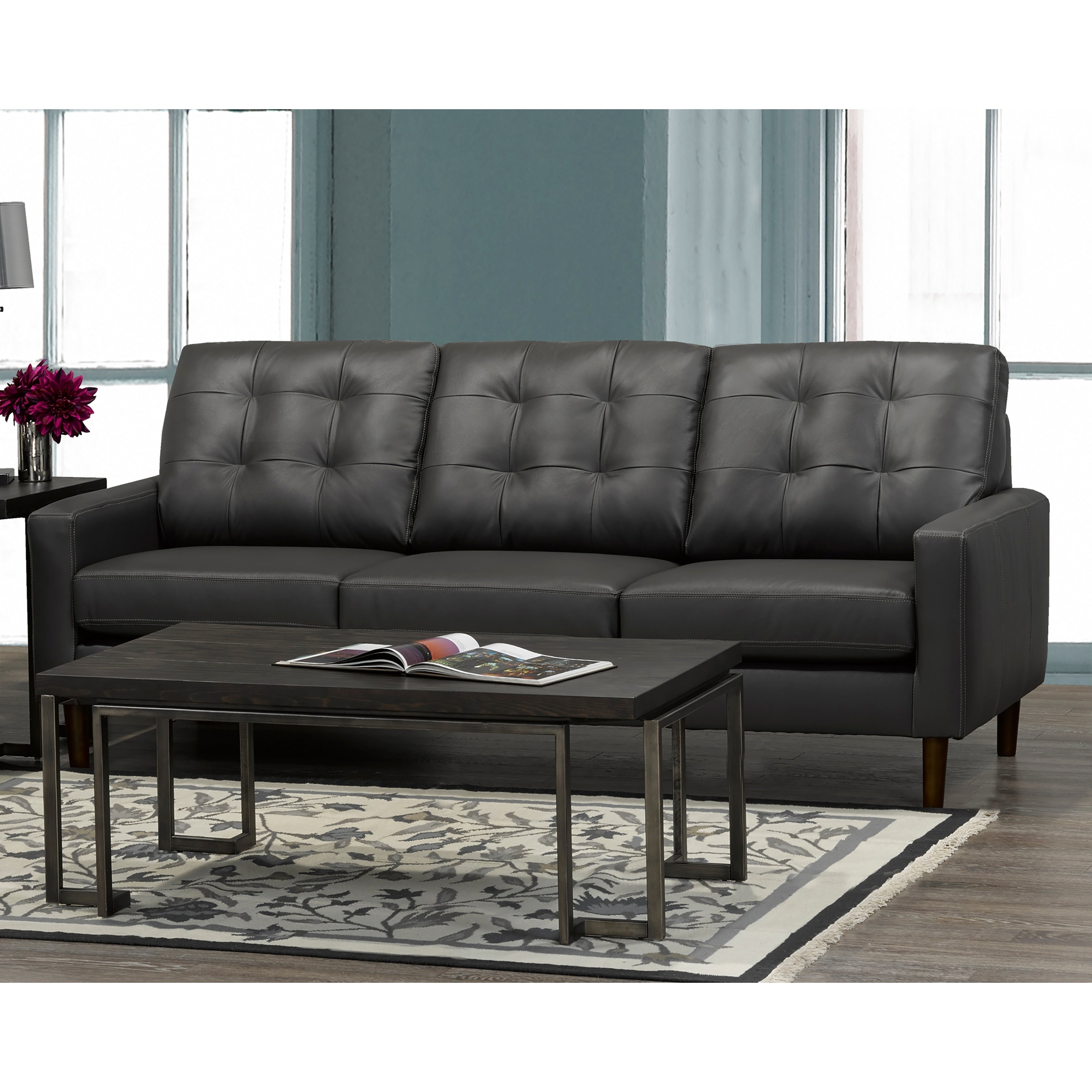 Gunner Mid Century Modern Dark Grey Top Grain Italian Leather Tufted Sofa