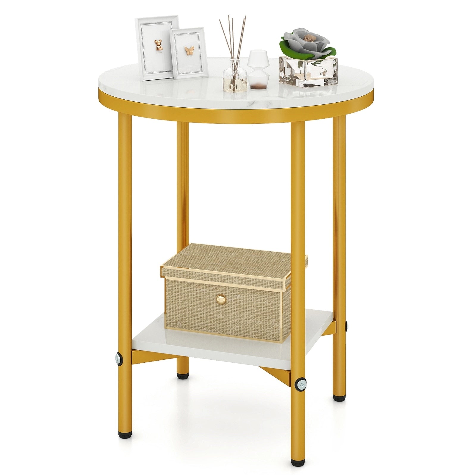 Gymax 16 2 Tier Round Side Table W Storage Shelf Gold Metal Frame