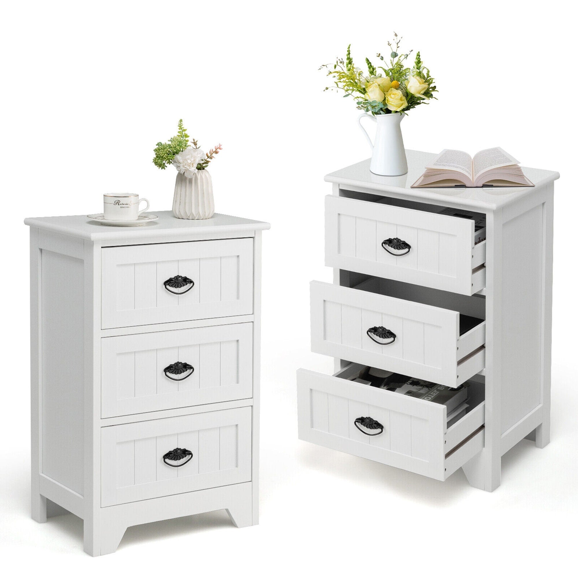 Gymax 2 Pcs 3 Drawers Nightstands End Table Storage Wood Side Bedside White