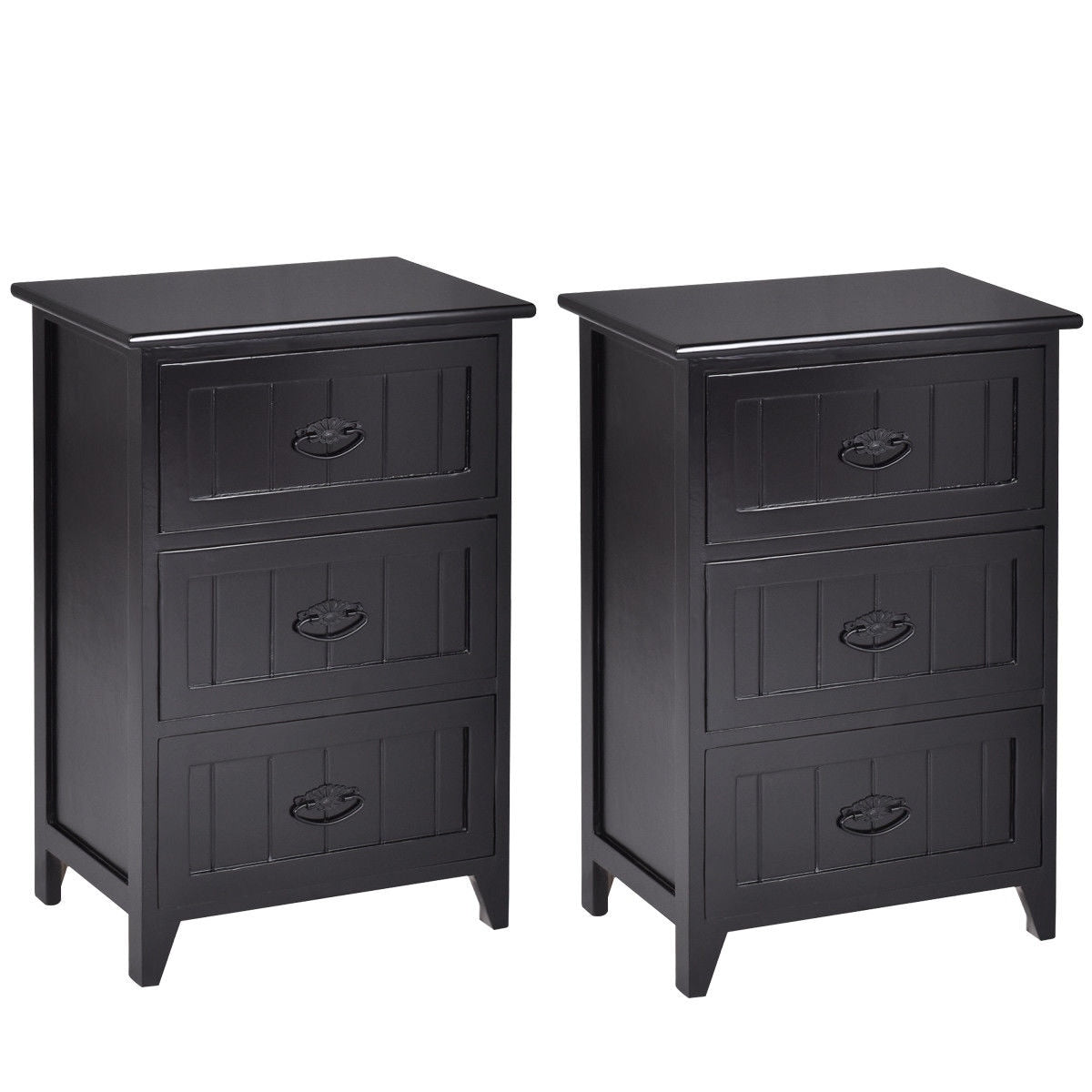 Gymax 2 Pcs 3 Drawers Nightstands End Table Storage Wood Side Bedside Black