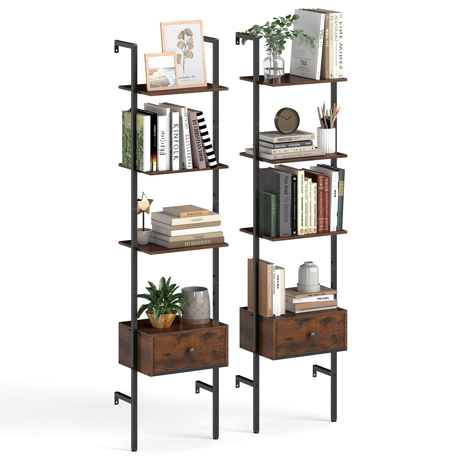 Gymax 2 Pcs 5 Tier Bookshelf W Drawer 70 Wall Mount Ladder Bookcase