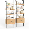Gymax 2 Pcs Wall Mounted Ladder Shelf 5 Tier Bookshelf W Rattan Door