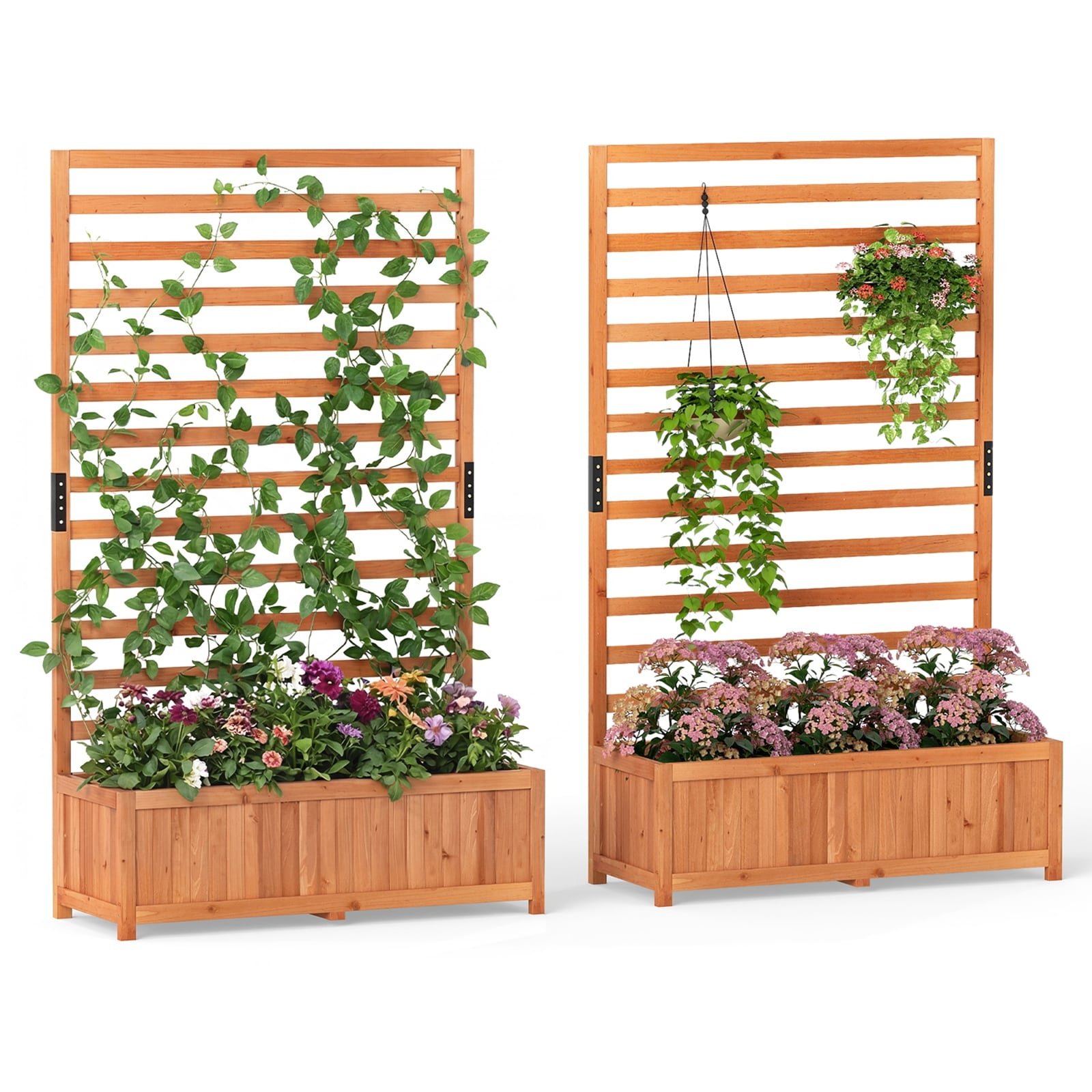 Gymax 2 Pcs Wooden Raised Garden Bed W Vertical Trellis Liner