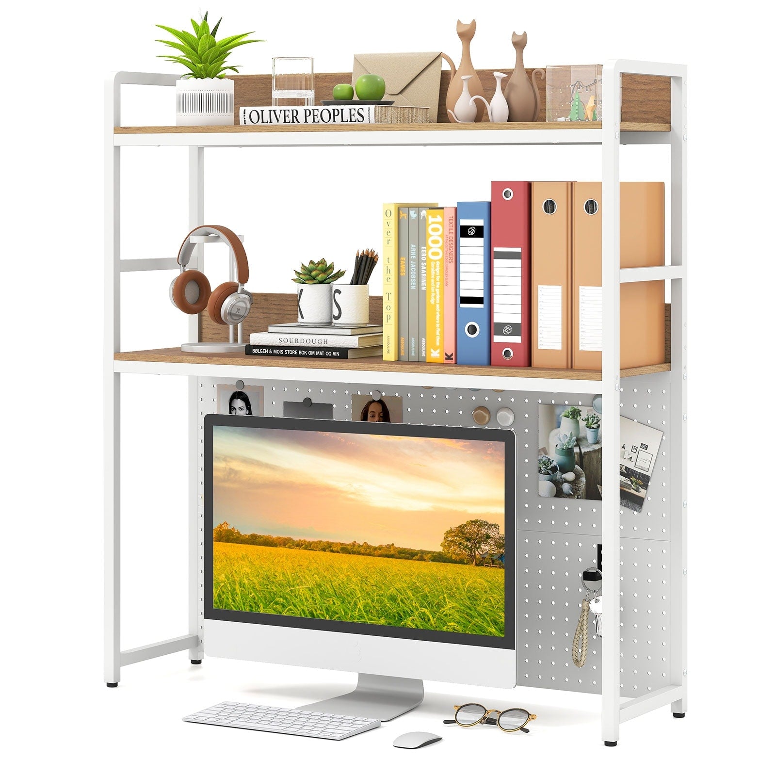 Gymax 2 Tier Countertop Desktop Bookshelf W Metal Pegboard 2
