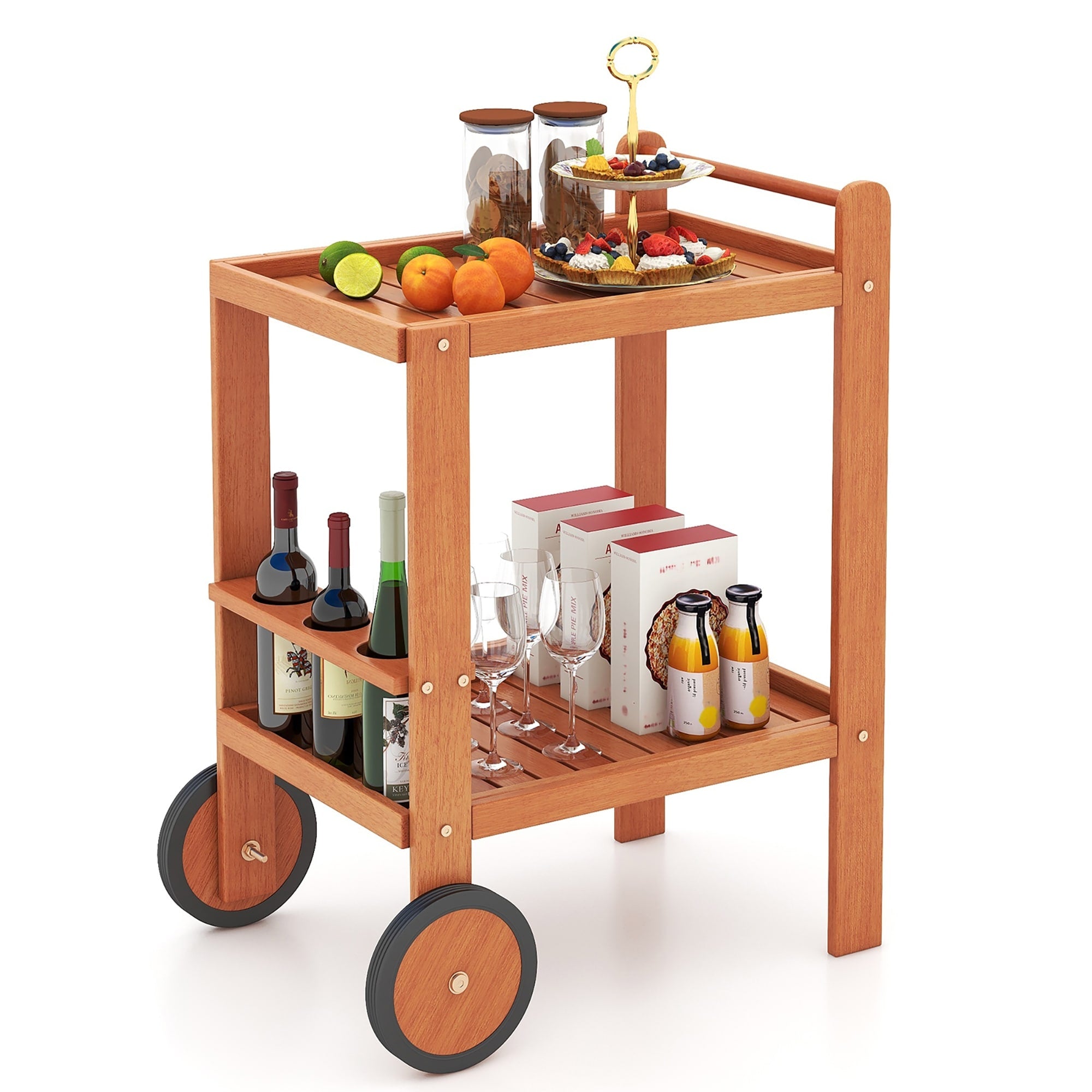 Gymax 2 Tier Indoor Outdoor Wood Bar Cart W Wine Bottle Holders 2